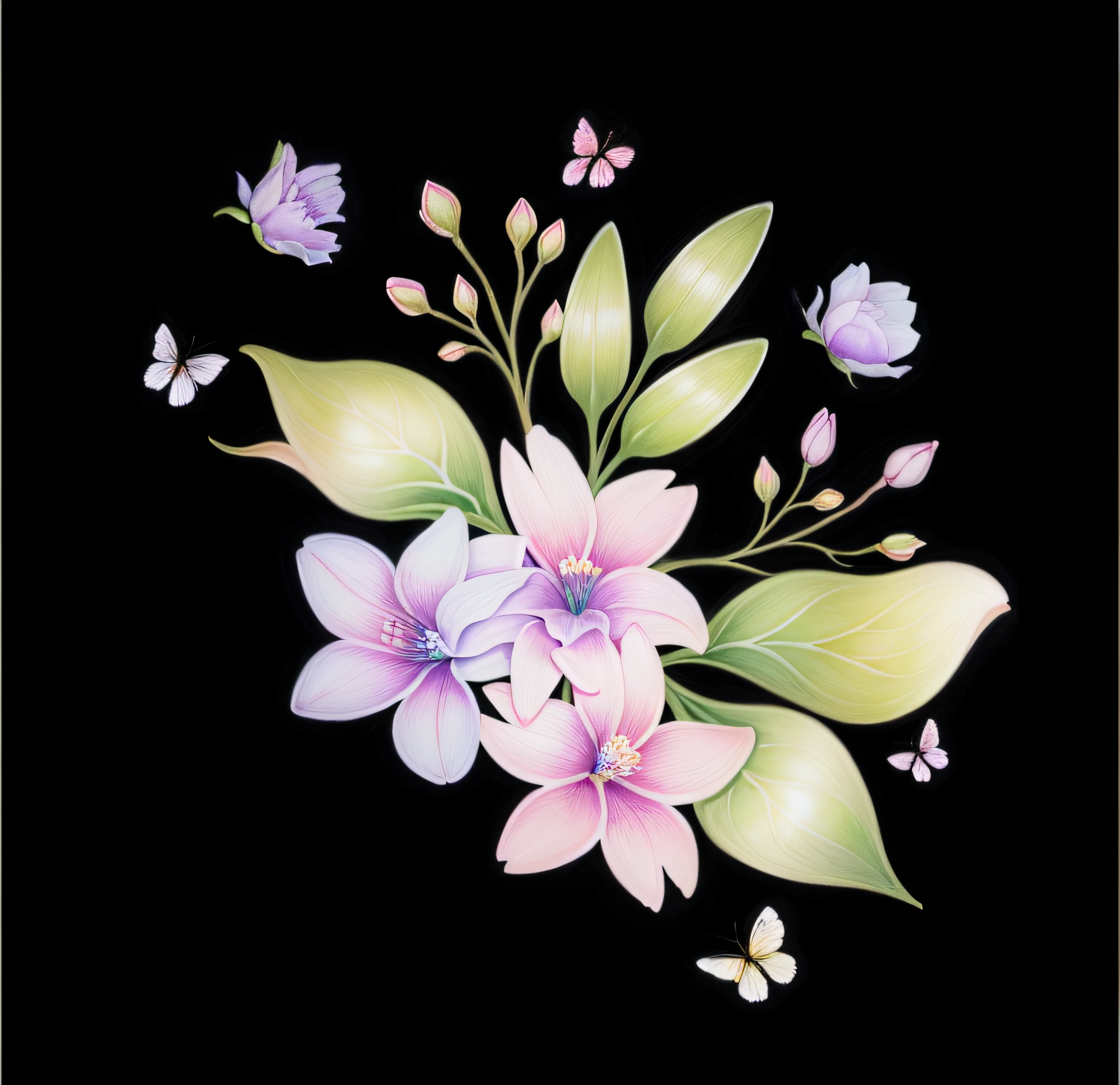 um close up de uma flor com borboletas em um fundo preto, flores e borboletas, flores elegantes, design floral, flores e folhas de fantasia, com flores coloridas, flores decorativas, Japanese related to flowers, flores em flor, flores e flores, flores estilizadas, vetor behance hd jesper ejsing, motivos florais, flor cercada, cena elegante, flores florais coloridas
