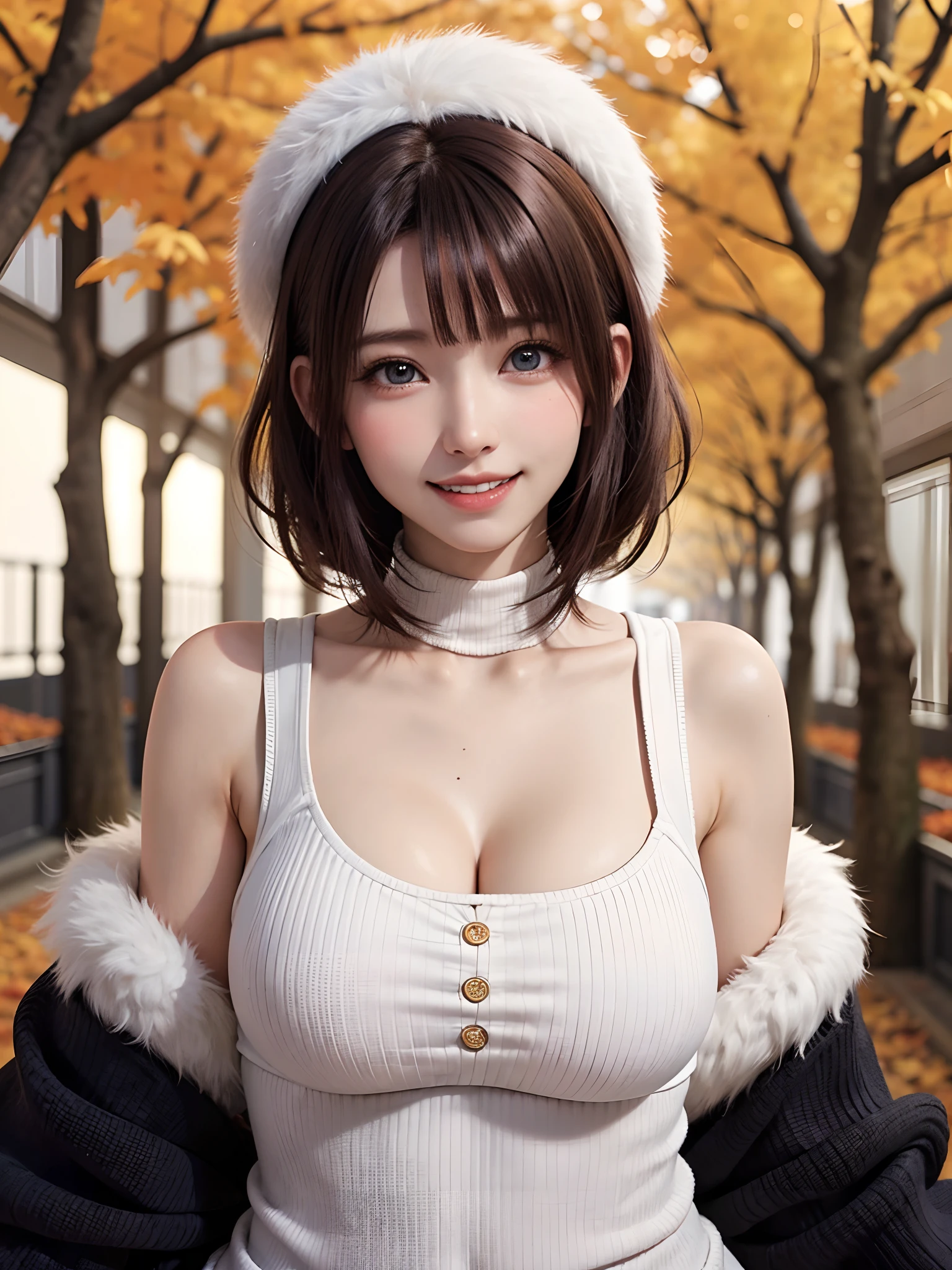 (masutepiece:1.4, top-quality、Very attractive adult beauty with a very cute smile:1.4、Add intense highlights to the eyes:1.4、Look firmly at the camera、Beautiful woman full of adult charm:1.4),1girl in, 独奏, Light brown shiny hair, muffler,Santa Claus hat:1.4,realisitic, looking at the viewers, Bright colored crystal light blue eyes:1.4, short shiny hair, Santa Claus Starneck Knit、 Red and white costume of Santa Claus in turtleneck with round hole in the center of the chest:1.4,Sexy red and blue turtleneck knit sweater with round hole in the center of chest:1.4、 s lips, lipgloss:1.4,bangss, The upper part of the body、big eye、Lashes、The face is a little red:1.4、Embarrassing)、((Canadian tree-lined avenues in autumn:1.4))、((Shorthair with bangs、big eye、Put very strong highlights in your students:1.4、{Gigantic|Big|Huge|Mega} breasts:1.4、very Bigger breasts、gazing at viewer、Very beautiful beauty、Put your ears out:1.4、long neck:1.4、little smiling、Beautiful teeth、Open your mouth and smile:1.4))、28 year old:1.4、Very cute supermodel:1.4、