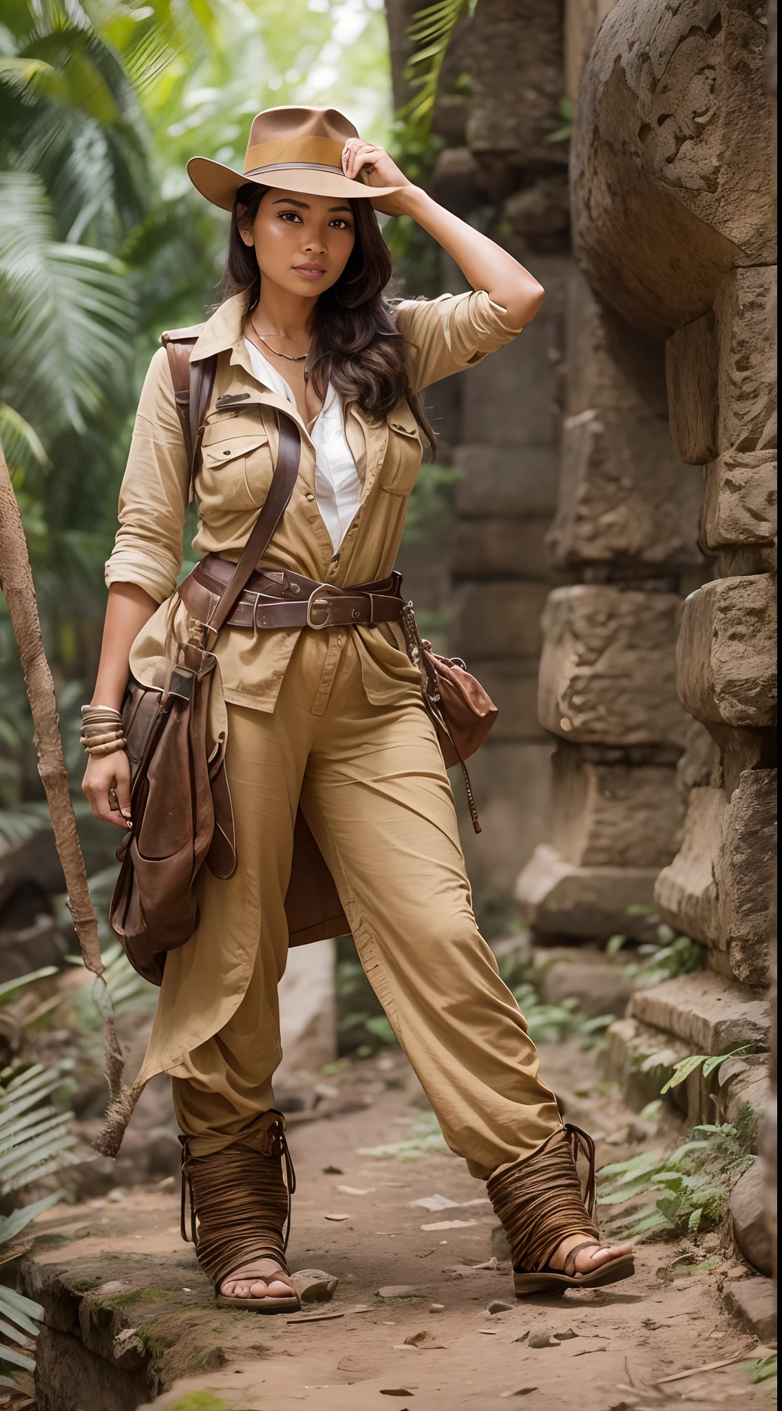 Capture the adventurous spirit of 'Indiana Jones' with the Malay woman dressed as an sexy intrepid archaeologist outfit, exploring ancient ruins in rugged attire.
