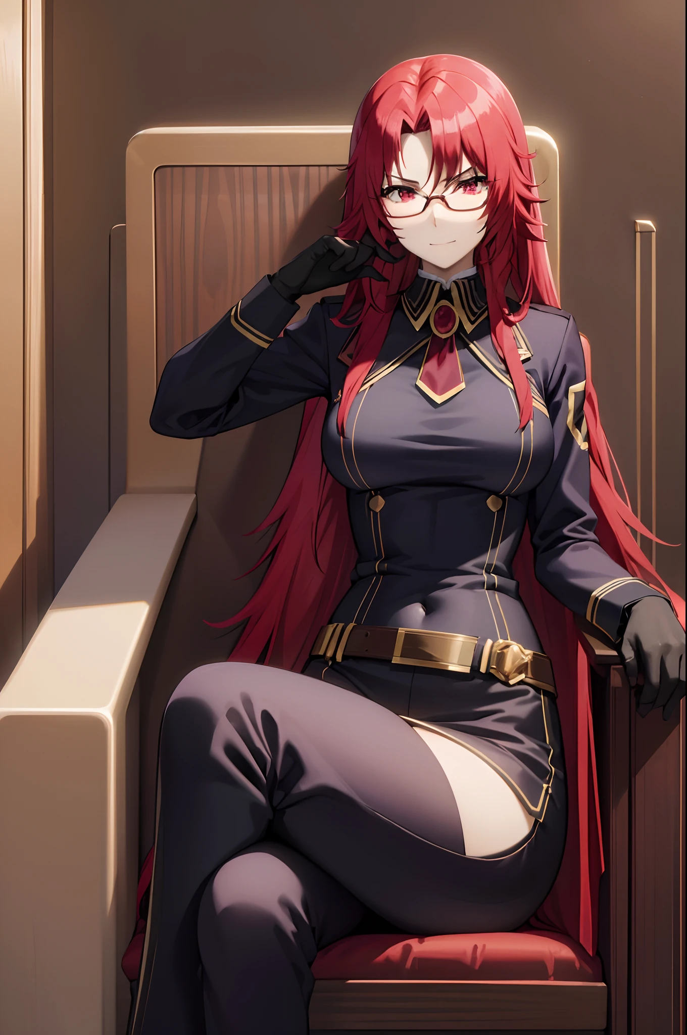 masterpiece, best quality, absurdres, perfect anatomy, 1girl, solo, MoriQSuit, long hair, pant suit, navel, black gloves, white belt, sunglasses, eyewear on head, indoors, sitting, throne, smirk, crossed legs, red hair,red eyes