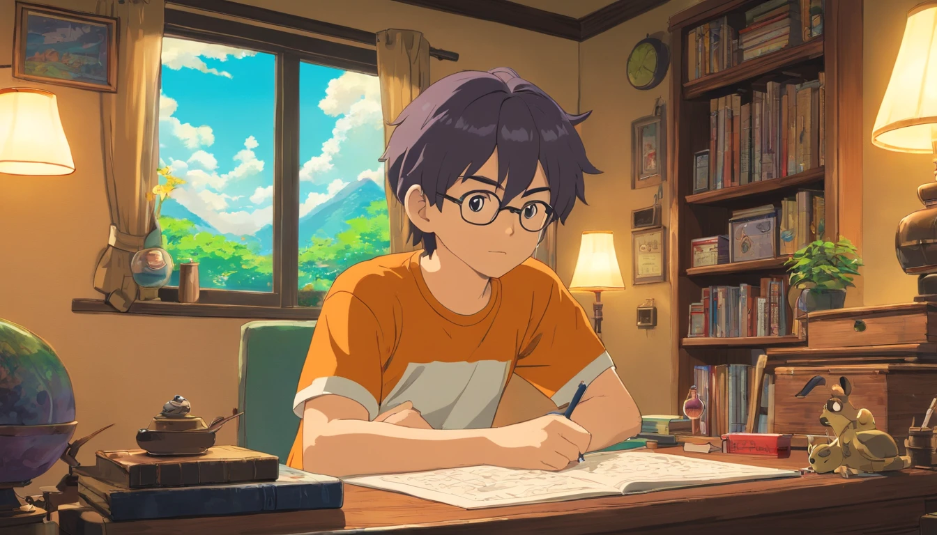 (masutepiece) Boy sitting in his room studying, On his desk, With headphones on, Geek Decoration, Pokémon Plush on the Wall, poster for, Window with moon and stars, Calm, Peaceful, Thinking, unreal enginee 5, Cinematic, colour grading, ultra-detailliert, beautifully color-coded, insanely detaileda, Intricate details, Beautifully color graded, Illusion Engine, Editorial Photography , photo shot, Shot on 70mm lens, depth of fields, degrees of freedom, 32K, Hyper-Resolution，more detailed