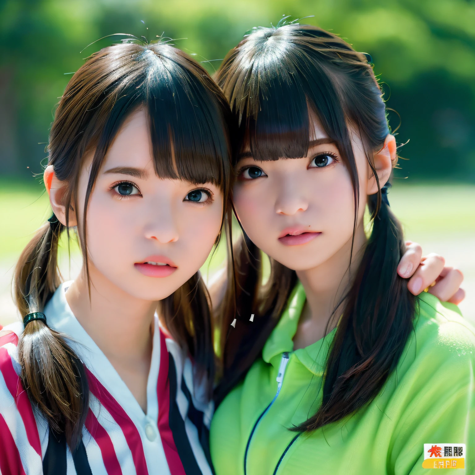 2 girls in、Beautiful mature college girl、Track attire、Outside Track Field、((Slimed、小柄))、Photorealsitic、a picture、masterpiece、reallistic、真实感、photorealisim、High contrast、Artstation 8K HD Trending Photorealistic Digital Art HD High Definition Detailed Realistic、detaileds, Skin Texture, ultra-detailliert, realistic skin textures, armature, top-quality, 超A high resolution, (Photorealsitic:1.4),, hight resolution, detaileds, Raw photo, Sharp Re, Lee-Jeffries Nikon D850 Film Stock Photo 4 Kodak Portra 400 Camera F1.6 lenses Rich colors Hyper Realistic Vibrant textures Dramatic lighting Unreal Engine Trendy at ArtStation Cinestir 800,full body Esbian、Smaller chest、Twintail hairstyle,