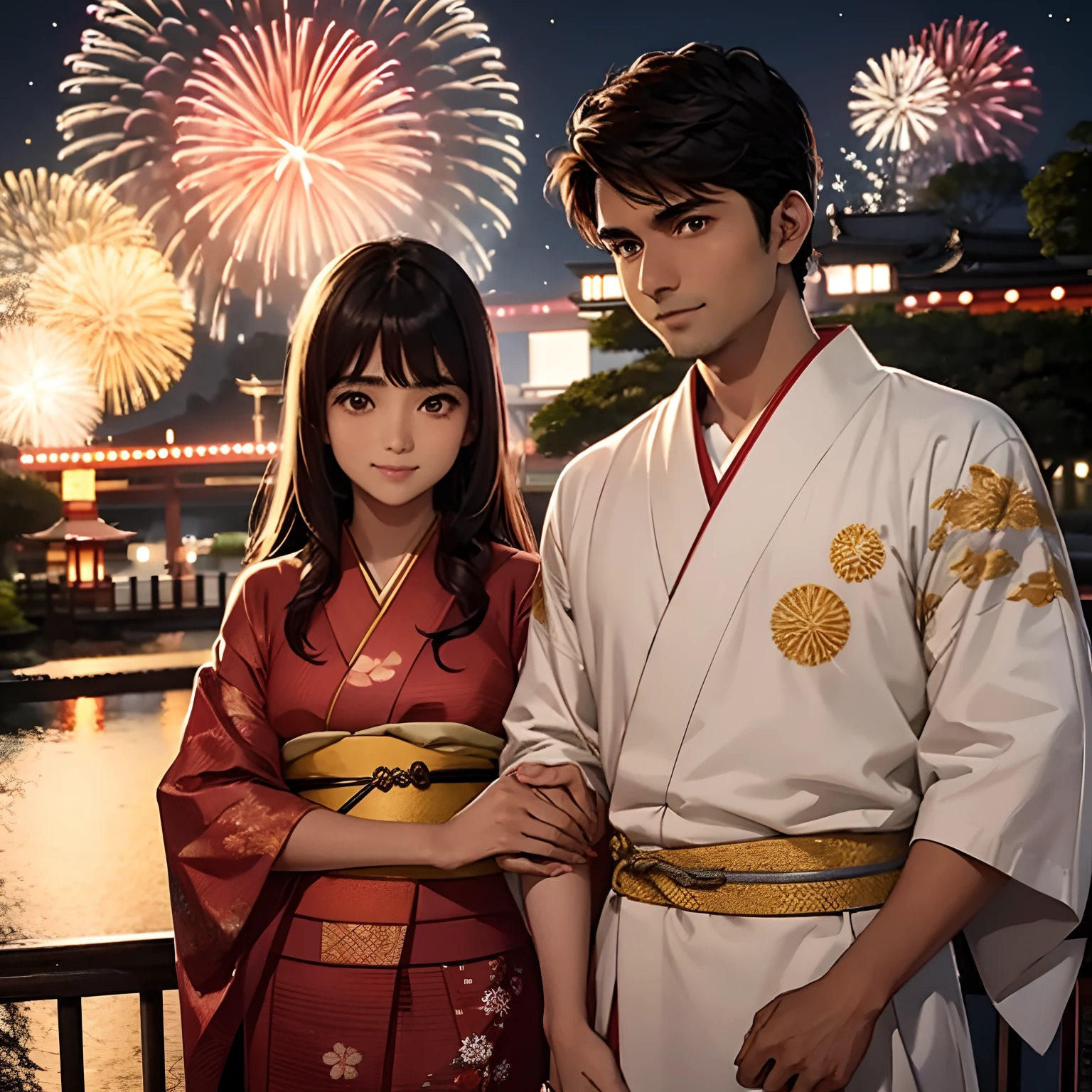 (Indian guy brown skin with long) and (Japanese girl) wearing kimono holding hands as they watch the fireworks festival in Japan