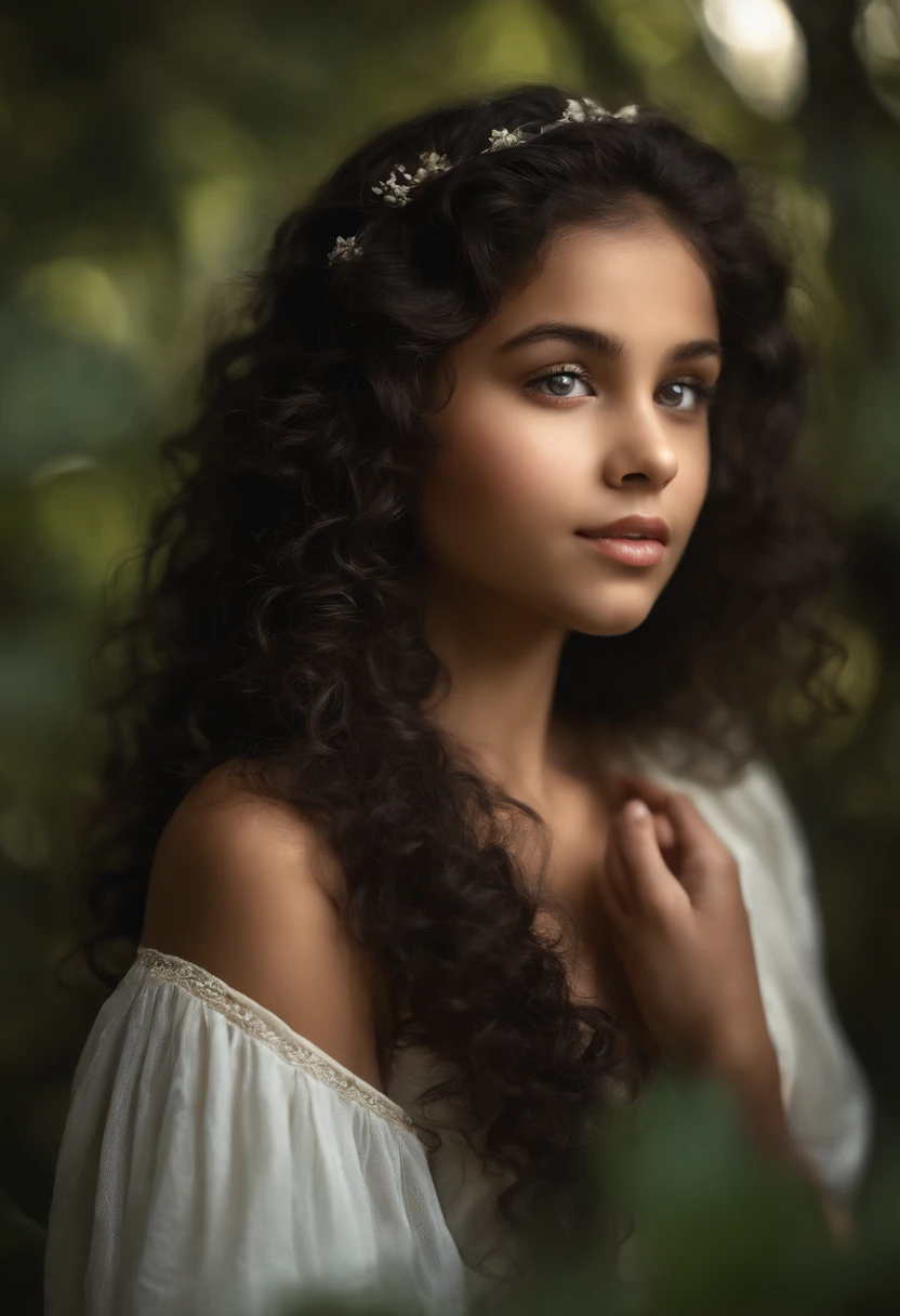 (best quality,ultra-detailed,realistic:1.37),curly black hair,staring expression,lighter skin tone,child looking up,beautiful detailed eyes,longeyelashes,detailed lips,curly hair flowing in the wind,soft sunlight,ethereal atmosphere,vivid colors,light and shadow play,portrait style,wonder and curiosity,facial features shining in the light,mystical aura,innocence and purity,magic in the air,childhood exploration,enchanted garden,fairytale-like surrounding,whimsical elements,floral paradise,majestic trees in the background,dappled sunlight filtering through leaves,serene and peaceful ambiance,faint sound of birds chirping,curiosity-driven adventure,fantasy world waiting to be discovered,dreamy scene,faint breeze rustling leaves