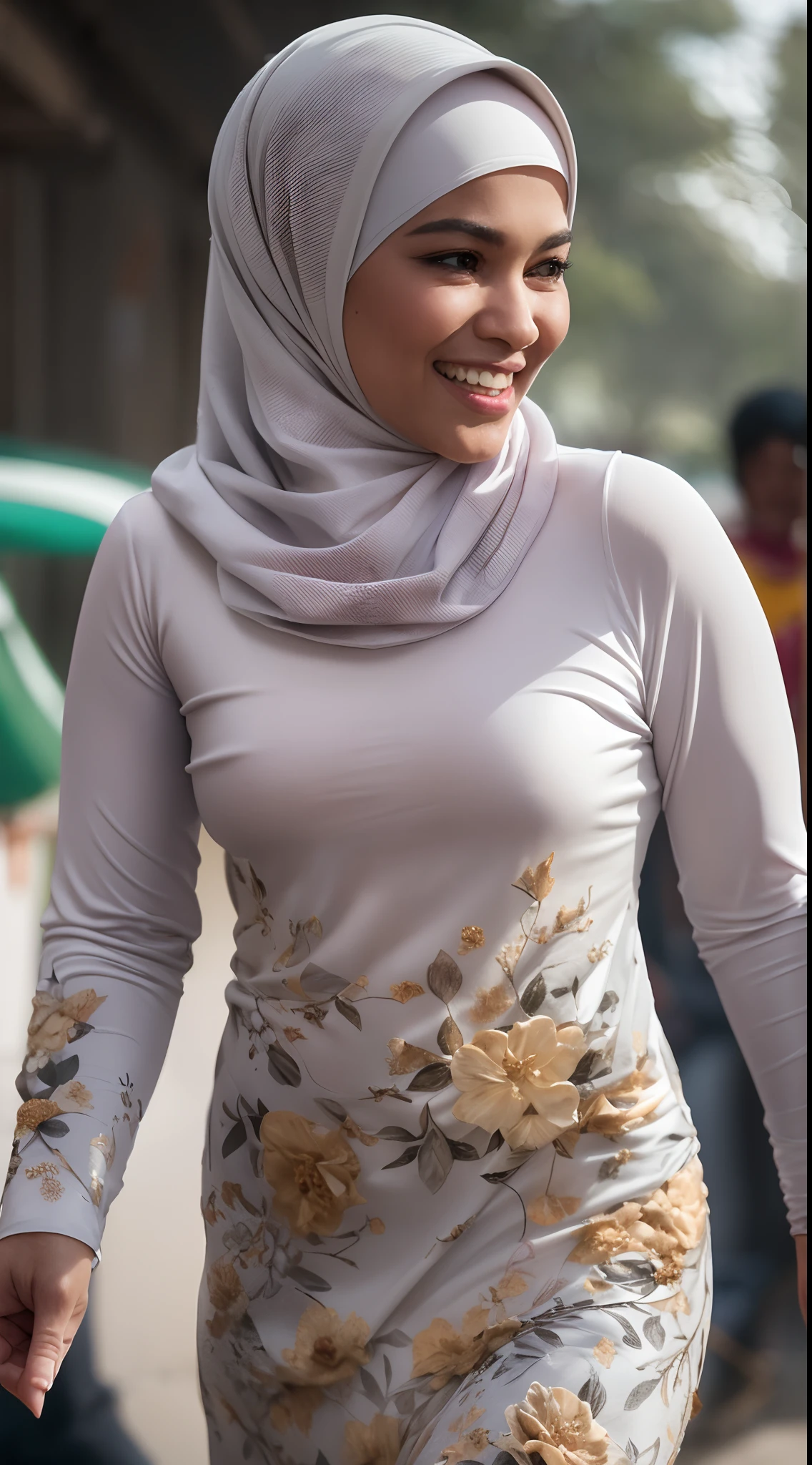 1 malay woman in hijab,((wear tight white baju kurung with small floral pattern)),(big buttocks), big round ass, Small chest, laughing smile, (hijab flying), de pele branca,big breasts thin waist, mexico-style street, Hyper-Realism, Cinematic lighting, depth of fields, From back below, vanishing point, F/2.8,  Anatomically correct, Textured skin, Super Detail, awardwinning, Best Quality, hight resolution,