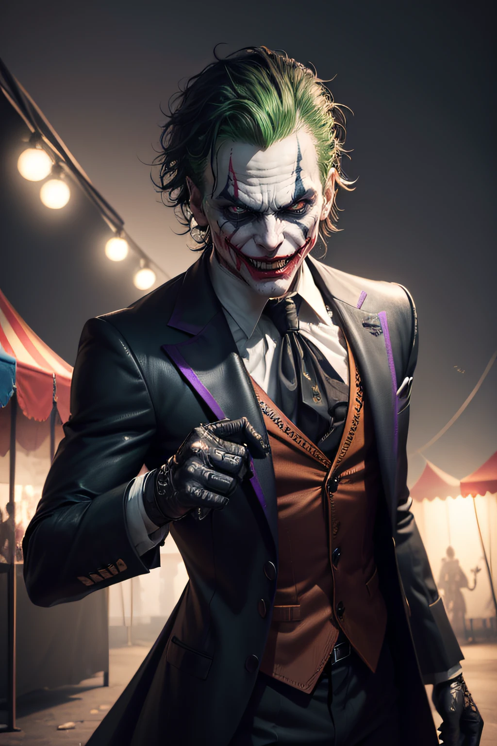 (8k, RAW photo, best quality, masterpiece:1.2), ultra detailed, official art, photo-realistic:1.37, upper body shot, DC Joker, film grain, action pose