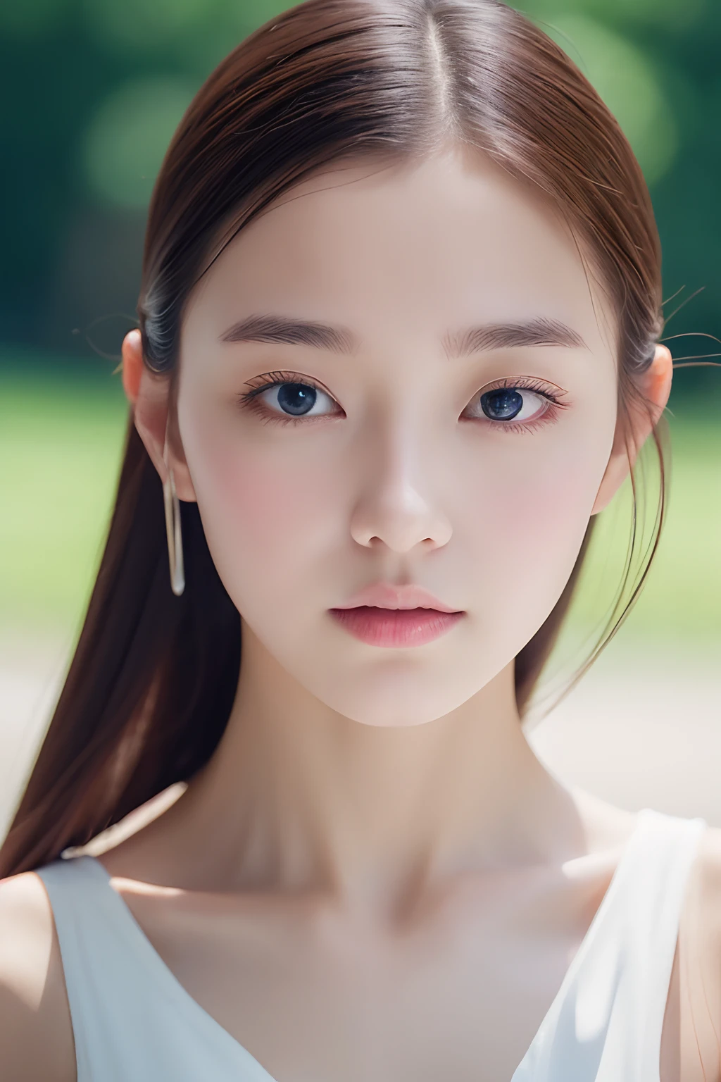 8K beautiful classy girl in summer up of face confused tilting the head