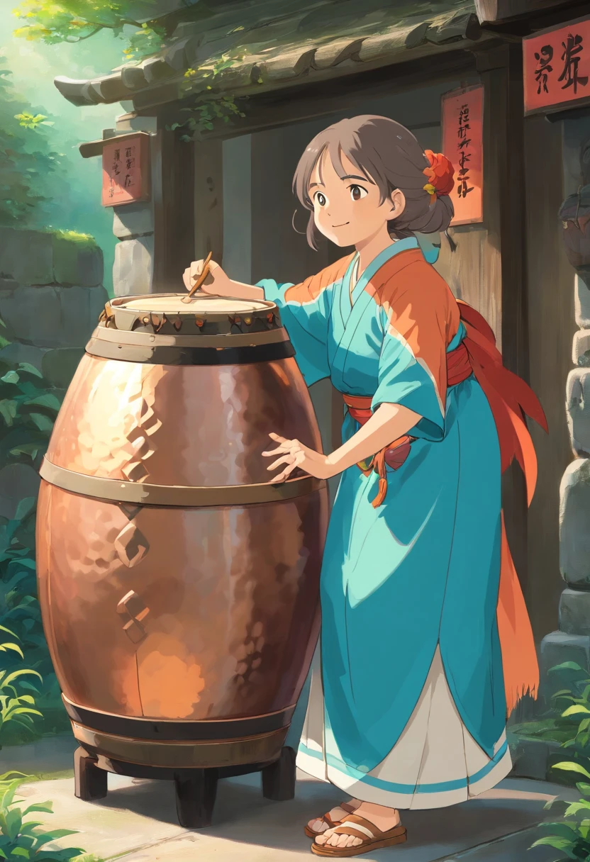 Grandmother(Kindly):in ancient,Our Zhuang ancestors used copper drums to show their courage and firmness。Over time,The copper drum became a medium for expressing the emotions and cohesion of the Zhuang people。