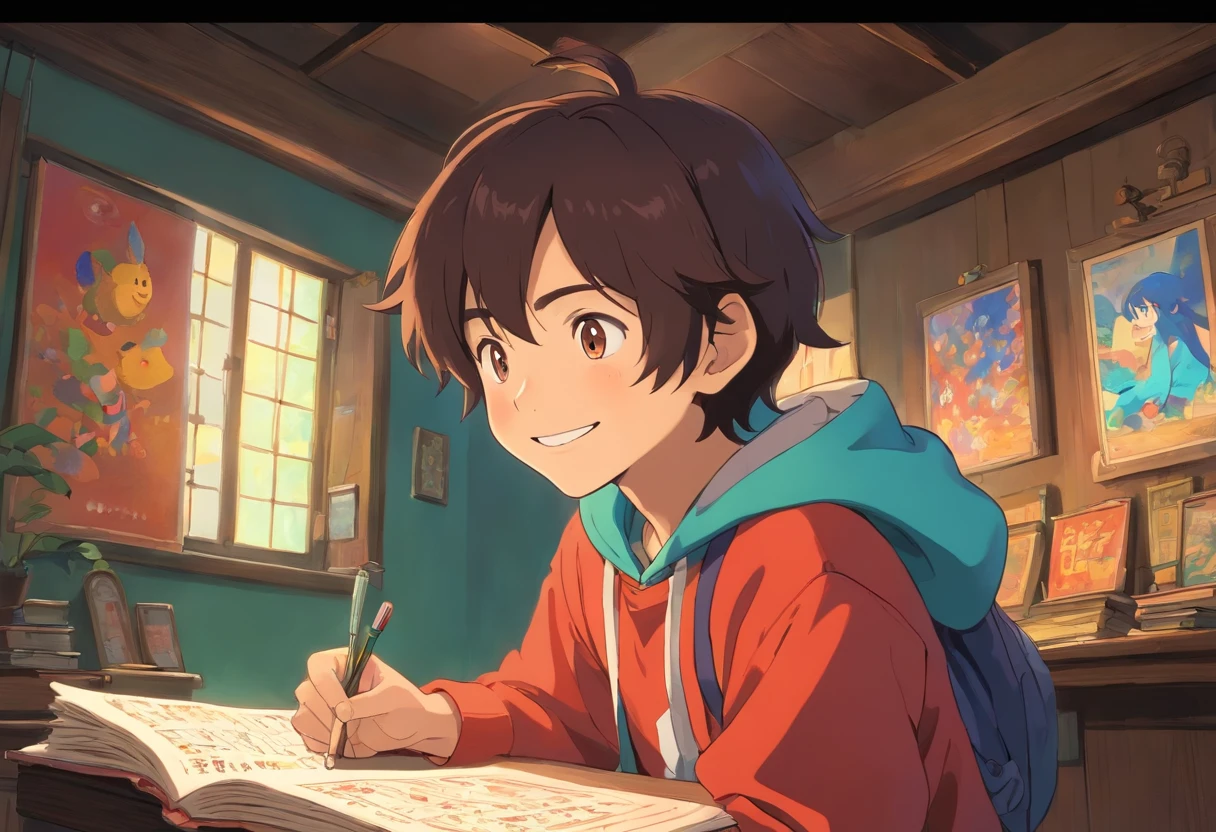 Linlin Boy, Smiling, With colorful animated stills, In a quiet room, With dark hair, Do your homework by the window, Paul Gauguin with his back to the audience, In hoodie hat style, Honest portrayal,