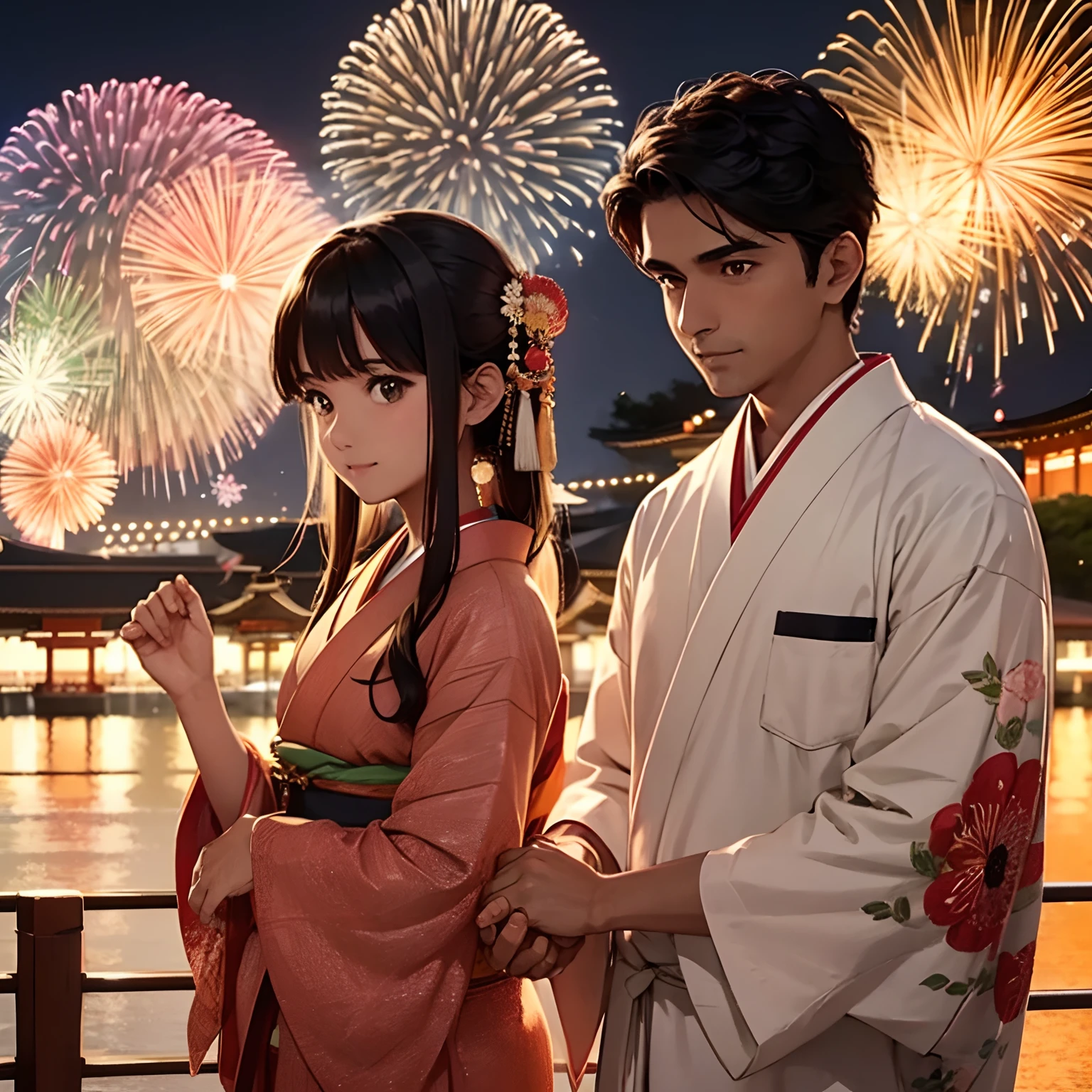 (Indian guy brown skin with long)   and  (Japanese girl) wearing kimono holding hands as they watch the fireworks festival in Japan