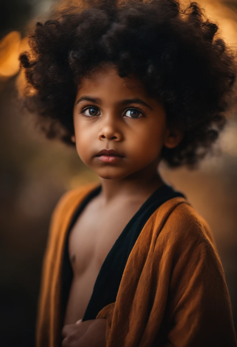 Child with darker skin tone but not too dark, looking up at something that attracts attention and a more attentive expression with mouth closed