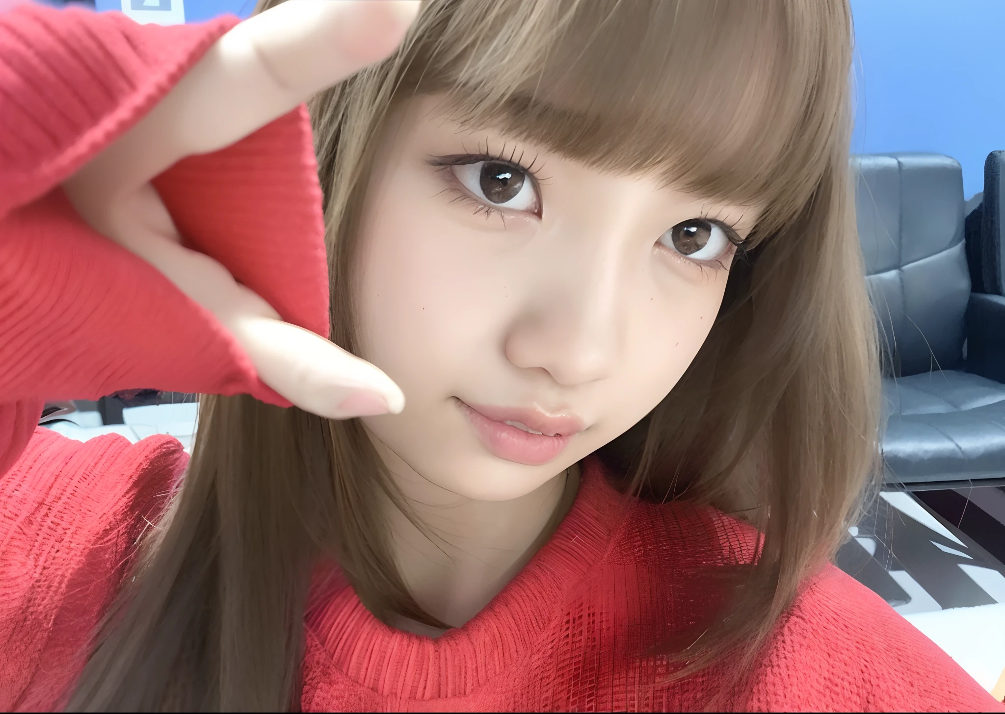 Arafed woman with long brown hair and a red sweater, Lalisa Manobal, chan sakimi, Chiho, Lalisa Manoban do Blackpink, Shikami, Sakimichan, com bonito - fino - rosto, O corte Hime, Yoshitomo Nara,  bonito-fino-cara