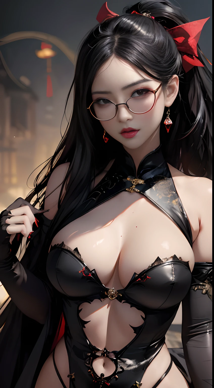 Sexy woman in black lingerie with red bow and glasses, artwork in the style of guweiz, very detailed Artgerm, by Yang J, wlop and ArtGerm, wlop glossy skin, Seductive Anime Girl, wlop art, wlop and sakimichan, ig model | ArtGerm, goddess of Japan, inspired by Feng Zhu