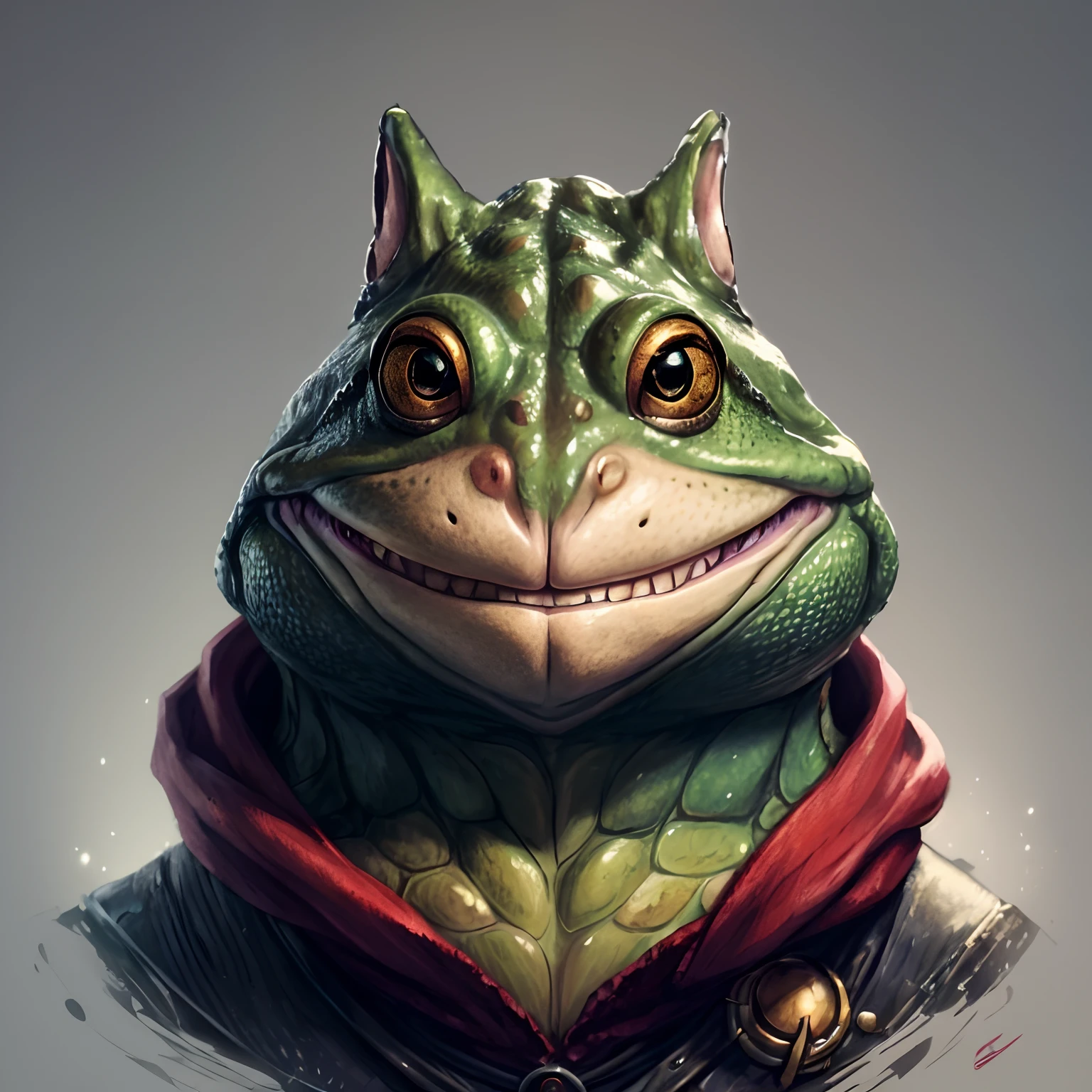 a realistic close up of a cat frog with a red scarf, fantasy art smug smile man, hyperdetailed fantasy character, lizardman art, fantasy concept portrait, cyberpunk cat frog, portrait of a cat the frog, anthropomorphic cat with frog, lizardfolk, closeup character portrait