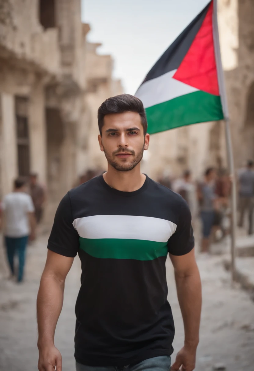 Man wearing a Palestine Flag shirt decorated with Palestinian flag ,explosion, divasting buildings. In middle of the street. Realistic photo accurate.