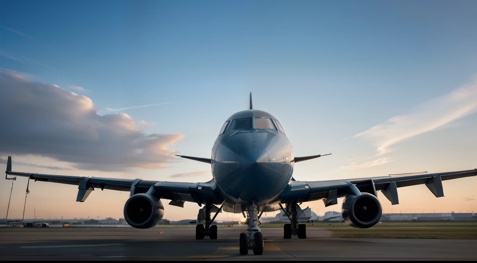 Runway cargo aircraft, Roaring engine, Ready to take off with a full range of cargo., Cargo crates or pallets visible on the tarmac or loaded into the aircraft belly, Dynamic sky with one sunrise, sunset, or amazing clouds to identify time-sensitive characteristics of cargo., Telephoto lens to capture the plane and surrounding elements without distortion, Fast shutter speed to freeze moments of movement, A wide aperture to focus on the plane and create a shallow depth of field blurs the background., High resolution to capture intricate details such as aircraft markings or product labels., A three-part rule element with a cargo plane at one intersection and other key elements such as runway lights or control towers at another., Palette of industrial blues, gray, and metals., Encapsulate complexity, urgency, and the scale of world trade.