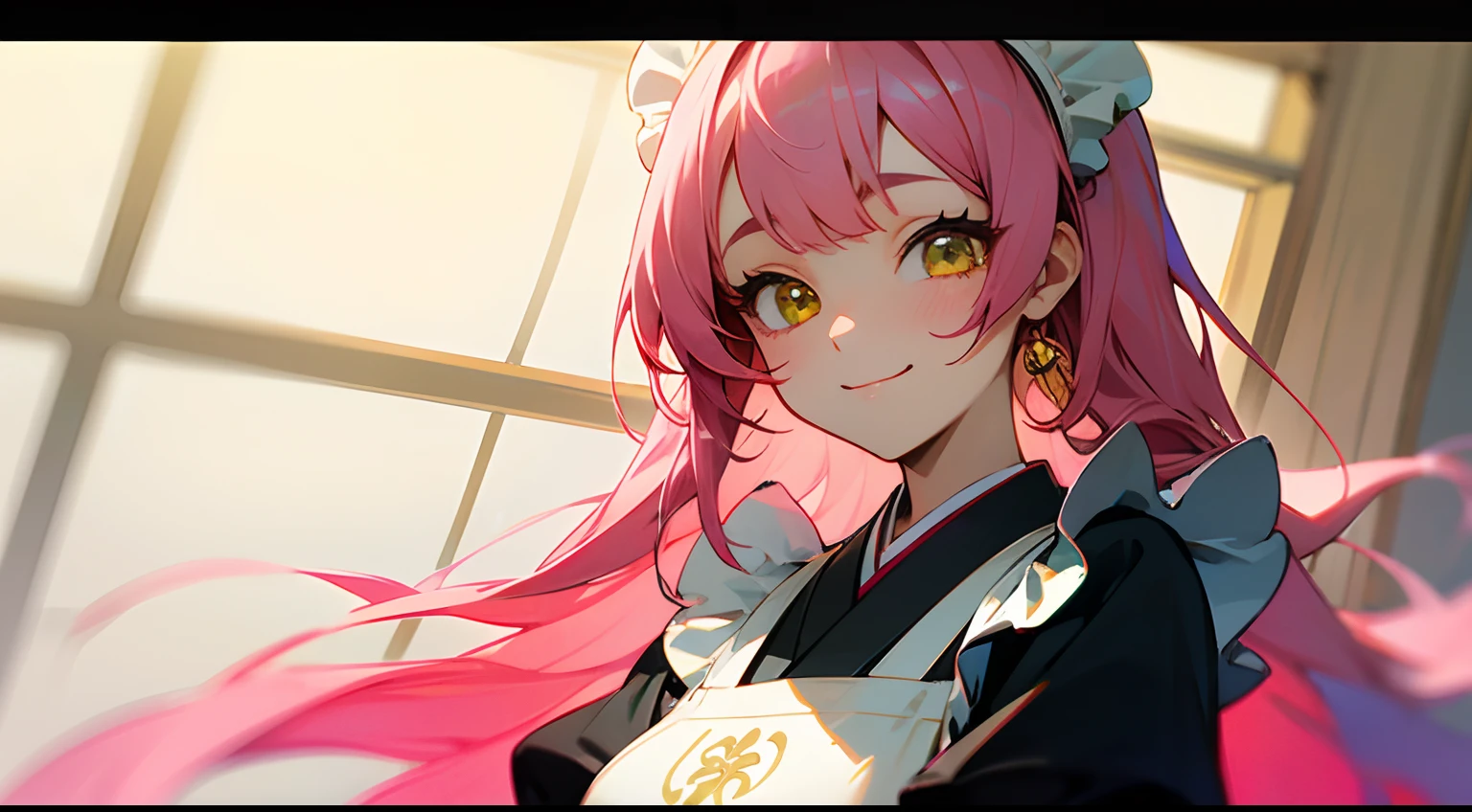 Fluffy semi-long pink hair、Golden Eyes、a beauty girl、Apron、Yellow-green Japanese style maid clothes、Maid Cafe、a closeup、A smile、