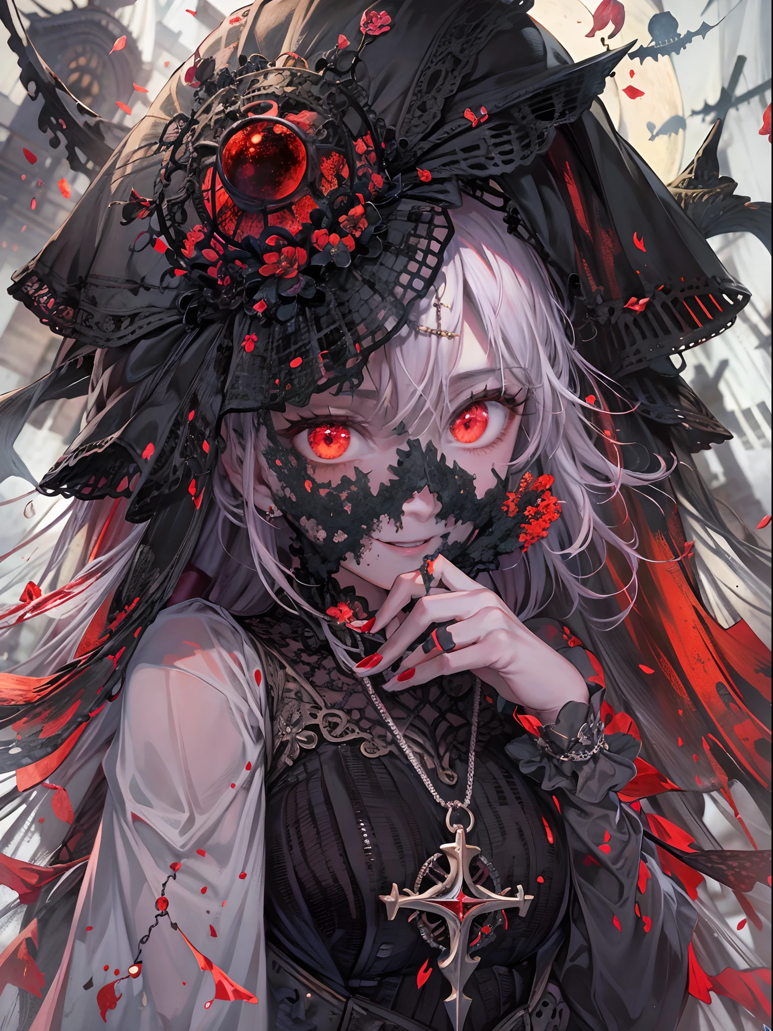 8K,masuter piece、masutepiece、1 persons、horor、Spooky room、Pitch-dark palace、Valley、cabelos preto e longos、red eyes、Return blood、You can see the starry sky from outside the huge window,Bright red full moon,Meteor swarm,Pure Black Wedding Dresses,Pitch black veil,Cross Necklace,Beautiful and creepy smile,silber hair