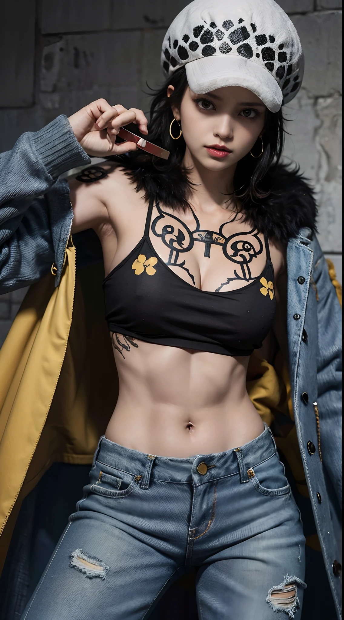 masterpiece, best quality, 8k,highestres, absurdres, extremely detailed, female trafalgar law, 1girl, 1sword, solo, looking at viewer, short hair, medium breasts, hat, navel, cleavage, collarbone, earrings, midriff, pants, coat, fur trim, denim, jeans, shoulder tattoo, hand tattoo, finger tattoo, black fur-trimmed coat, coat on shoulders, yellow tank top,///,