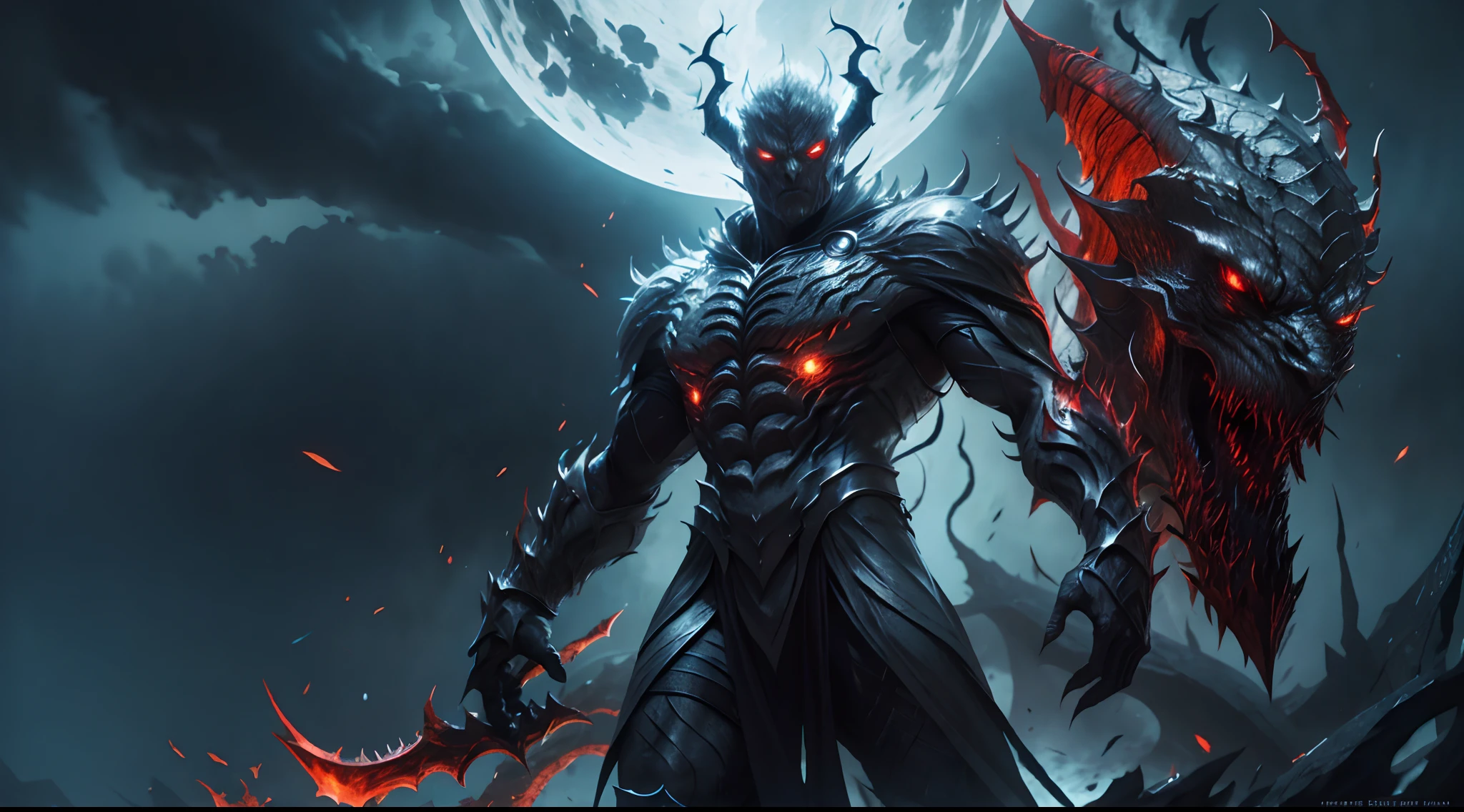 Full body shot of Garou with handsome face, red eyes, alduin, sharp glowing red eyes, darksiders art style, demon-inspired black flame reflecting armor, with his glowing red eyes becoming So alive with stunning detail and quality, a true work of art, crazy guts, black ancalagon.