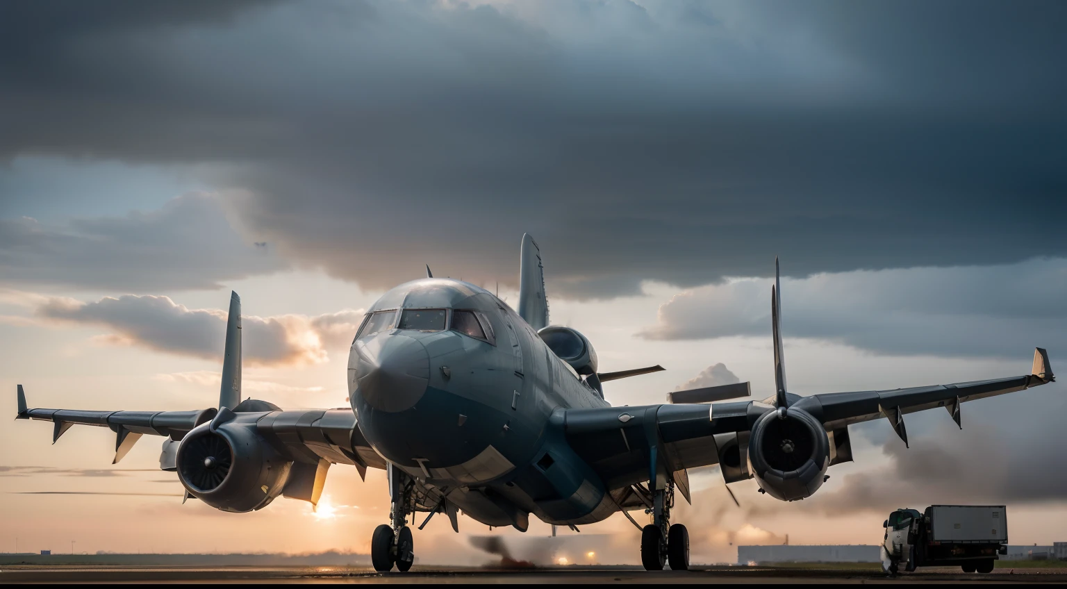 Runway cargo aircraft, Roaring engine, Ready to take off with a full range of cargo., Cargo crates or pallets visible on the tarmac or loaded into the aircraft belly, Dynamic sky with one sunrise, sunset, or amazing clouds to identify time-sensitive characteristics of cargo., Telephoto lens to capture the plane and surrounding elements without distortion, Fast shutter speed to freeze moments of movement, A wide aperture to focus on the plane and create a shallow depth of field blurs the background., High resolution to capture intricate details such as aircraft markings or product labels., A three-part rule element with a cargo plane at one intersection and other key elements such as runway lights or control towers at another., Palette of industrial blues, gray, and metals., Encapsulate complexity, urgency, and the scale of world trade.