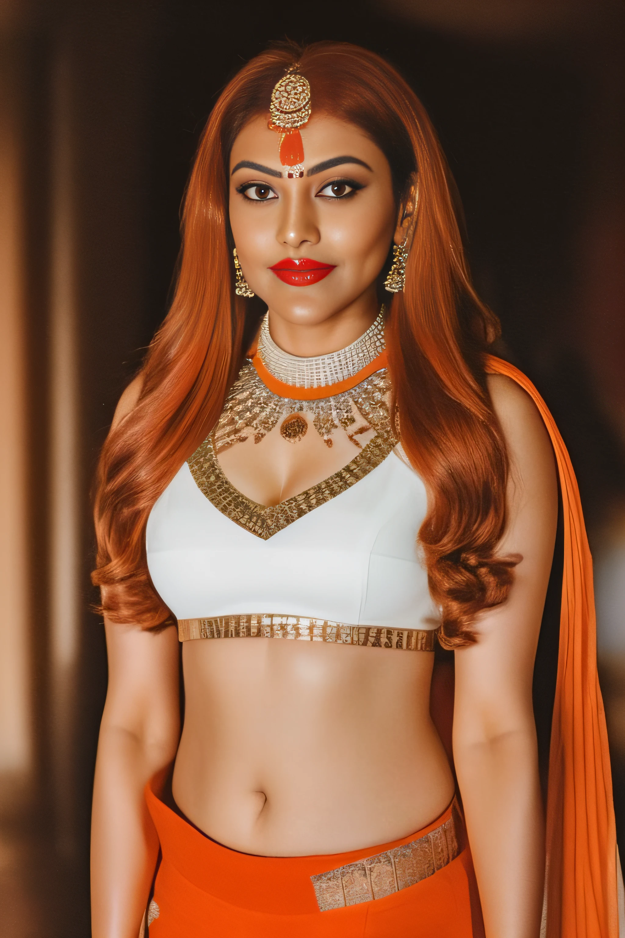 An indian lady of age 27 wearing crop top, red lips, long orange hair