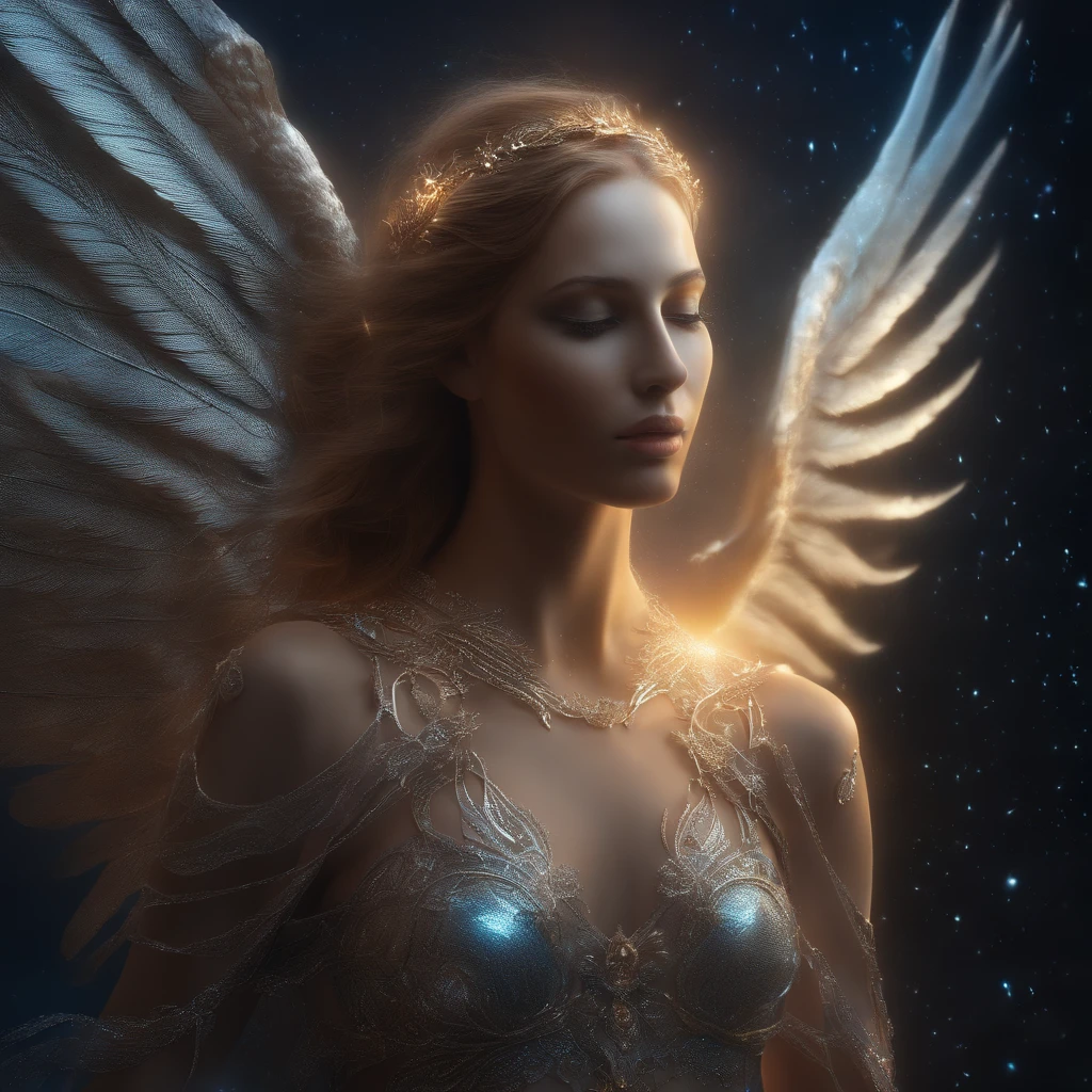 cosmic fallen angel, olhos claros brilhantes, Biomechanicals, estranho, assustador, Pesadelo, cores muito brilhantes, light particles, com luz brilhante, Mshiff, Arte do papel de parede, Papel de parede UHD