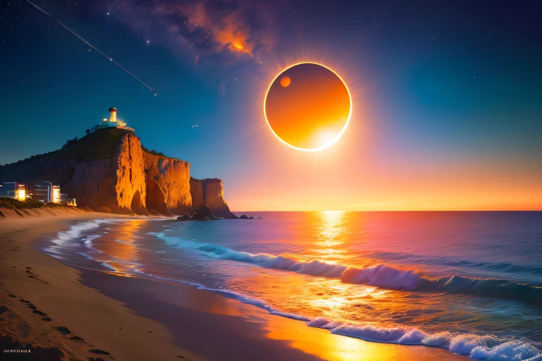 (obra-prima, melhor qualidade:1.4), cinematiclight, colorida, alto contraste, mar, montanhas que imitam piramides, areia, farol, por do sol, (scientific fiction (tema):1.2), (mon(obra-prima, melhor qualidade:1.4), (arte digital cativante) , cinematic lighthing, colorido, alto contraste, paisagem ensolarada, mar exuberante, cena eclipse, (Science fiction theme: 1.2), (farol: 1.2) sob as areias da praia, eclipse solar, mar fluindo, mar azul, por do sol com eclipse, eclipse solar