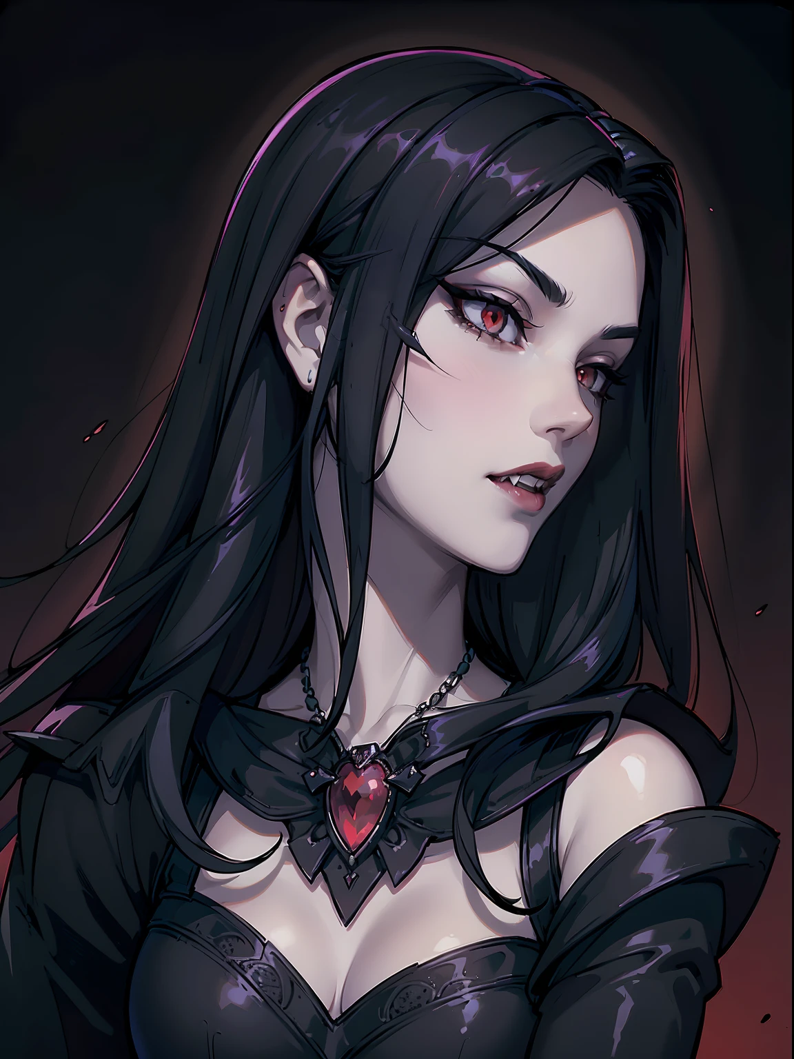 absurdres, ((stunning female Vampire))), goth Renaissance, (long black hair:1.3), perfect and detailed angular sharp oval shaped face, ((whiteeyes)), jewelry, red and black tetradic colors, full lips, gothic castle background, (solo), perfect anatomy, approaching perfection, ethereal, intricate details, ultra-high definition, 12k resolution, goth aesthetic, smooth, sharp focus, dreamy, glowing, backlit, glamour, glimmer, fantastical, shadows, smooth, Gothic crown, illustration