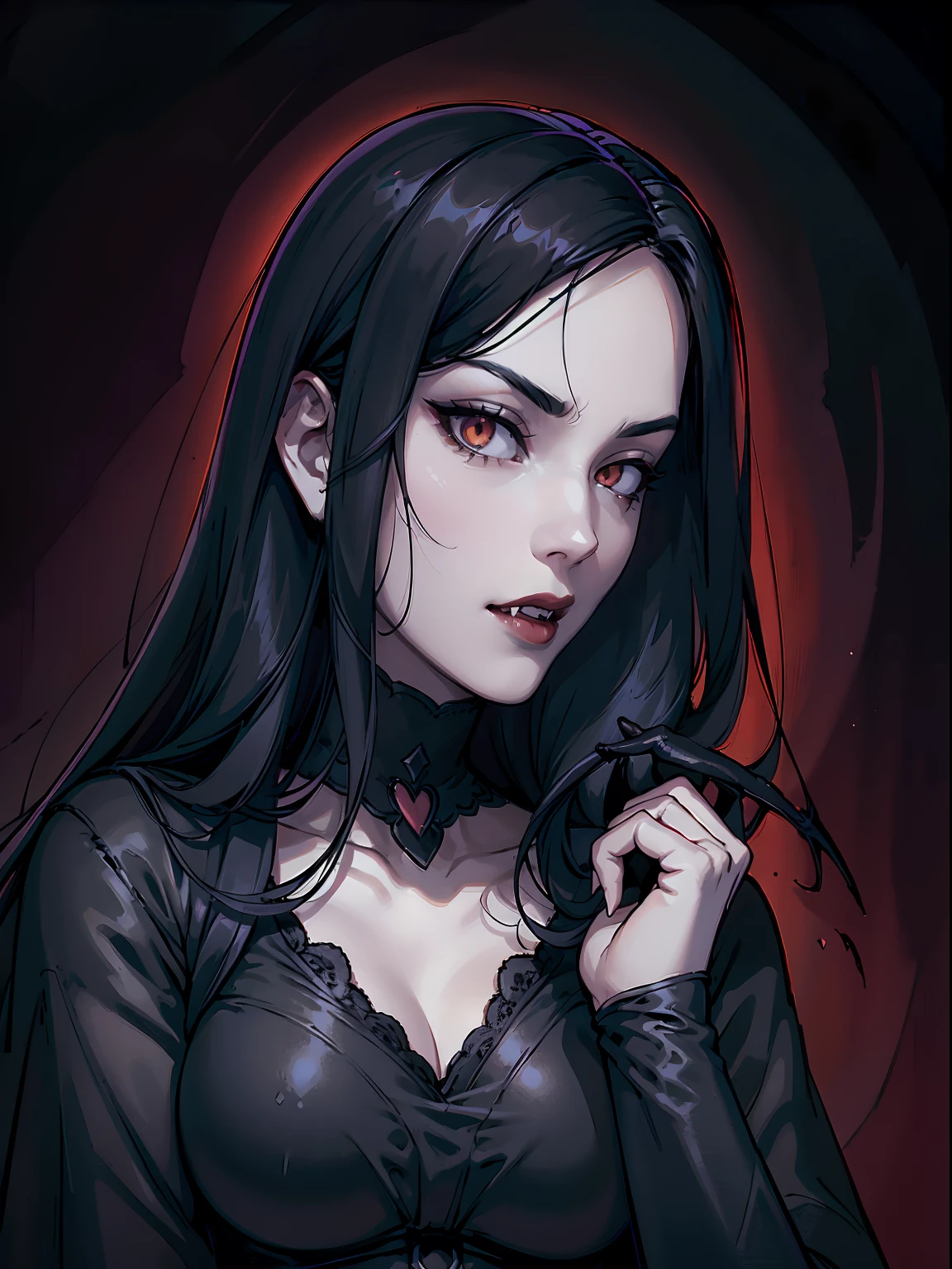 absurdres, ((stunning female Vampire))), goth Renaissance, (long black hair:1.3), perfect and detailed angular sharp oval shaped face, ((whiteeyes)), jewelry, red and black tetradic colors, full lips, gothic castle background, (solo), perfect anatomy, approaching perfection, ethereal, intricate details, ultra-high definition, 12k resolution, goth aesthetic, smooth, sharp focus, dreamy, glowing, backlit, glamour, glimmer, fantastical, shadows, smooth, Gothic crown, illustration