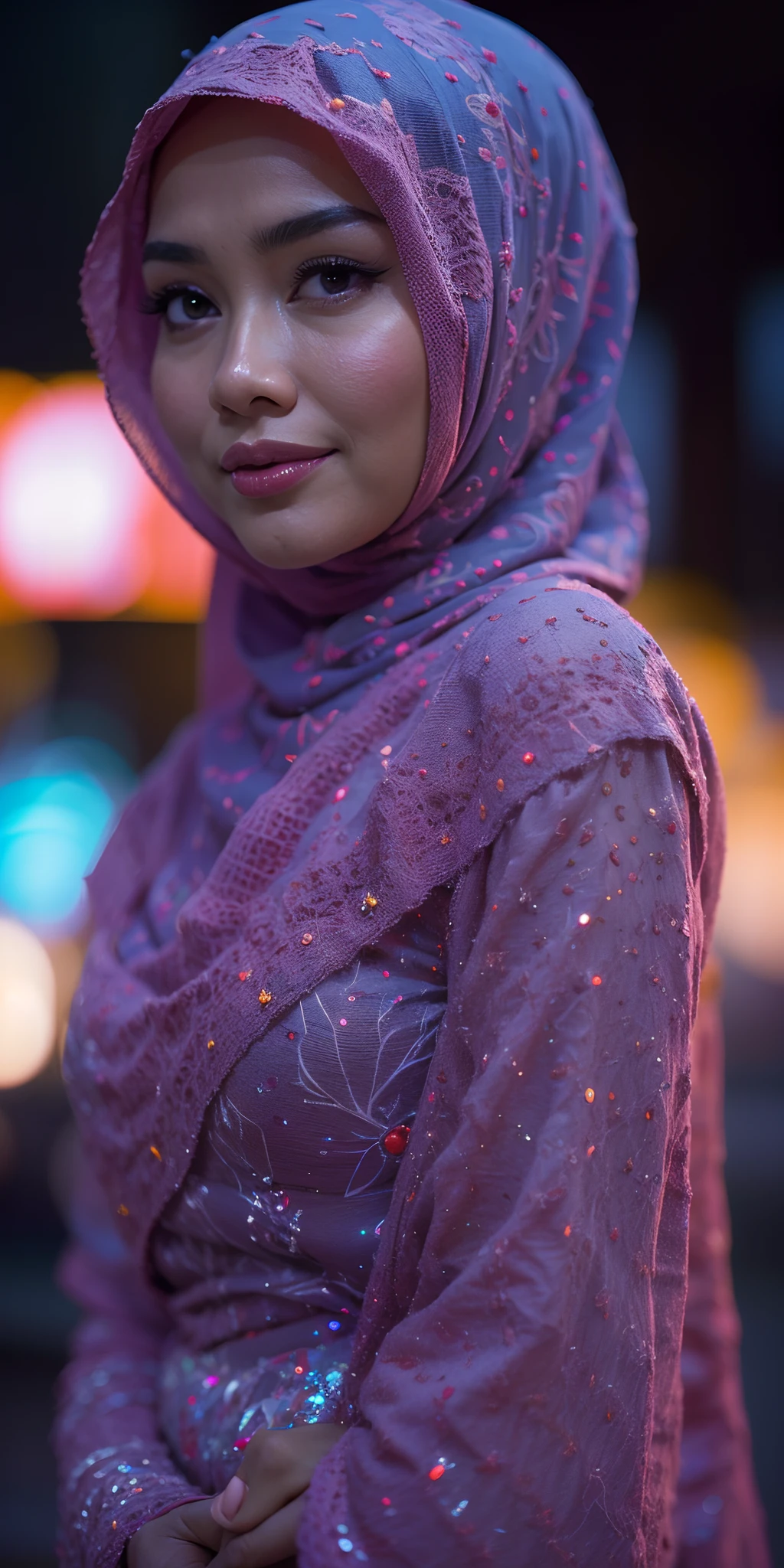 1 matured malay girl in hijab wear kebaya, kuala lumpur street, nighttime, neon city lights, upper body,close-up, seducing, sexy pose, (8k, RAW photo, best quality, masterpiece:1.2),(realistic, photo-realistic:1.37), 8k, high quality, ultra detail,