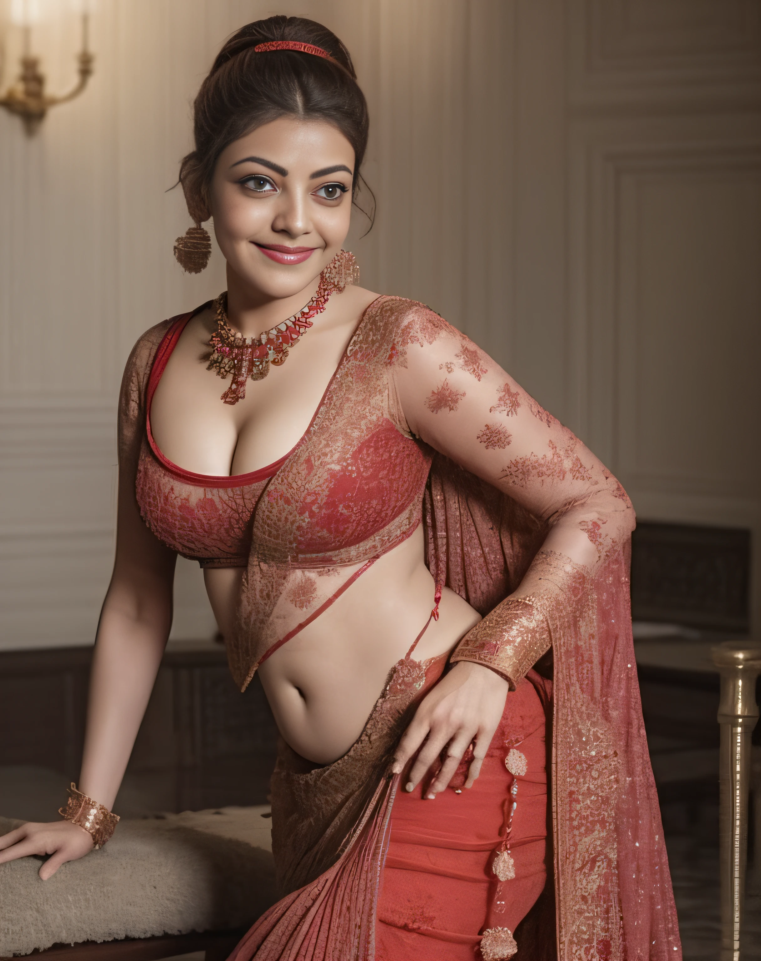 Day scene, close up photo of a sexy kajal as maid, cleaning floor in a palace, big cheeks, curvy, super stylish red saree with wide open breasts, accessories, earrings, necklace, erotic face, 36 yo, ponytail, look at viewer and smile, (cinematic:1.3), intricate details, (ArtStation:1.2)