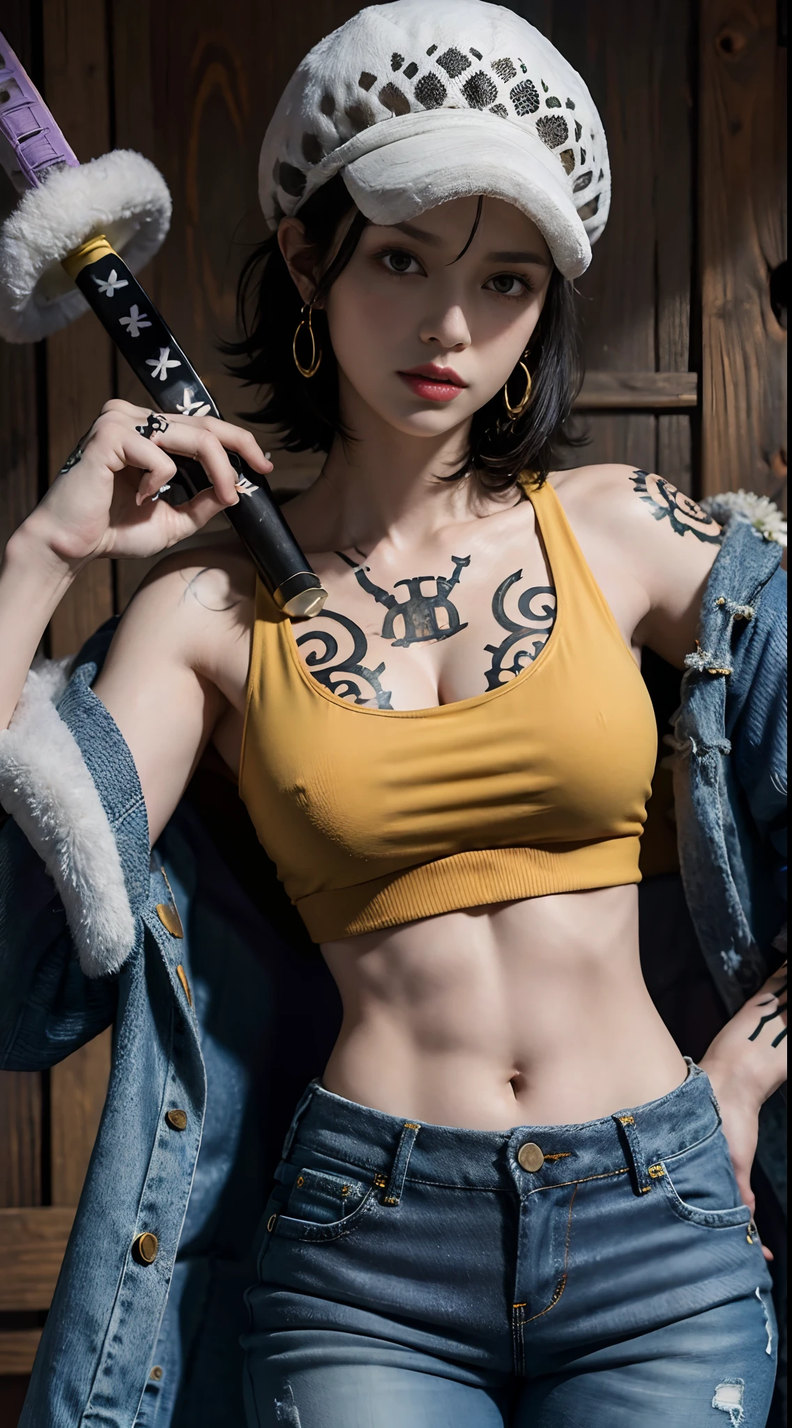 masterpiece, best quality, 8k,highestres, absurdres, extremely detailed, female trafalgar law, 1girl, 1sword, solo, looking at viewer, short hair, medium breasts, hat, navel, cleavage, collarbone, earrings, midriff, pants, coat, fur trim, denim, jeans, shoulder tattoo, hand tattoo, finger tattoo, black fur-trimmed coat, coat on shoulders, yellow tank top,///,