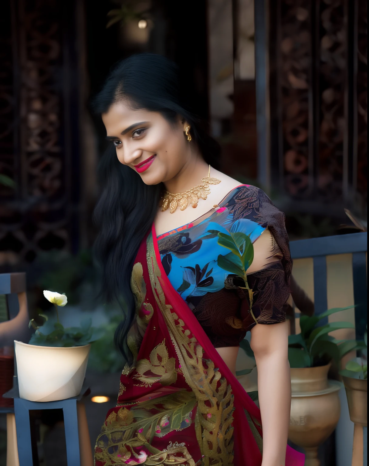 day scene, extreme close up photo of ArtStatio vedhika from top view, big cheeks, red Hollywood lips, black sari, huge breasts, squatting near shrub in a garden, hourglass figure, armpits, (blue eyes:1), ponytail, necklace, 30 yo, look at viewer and smile, (cinematic:1.3), intricate details, (ArtStation:1.2)