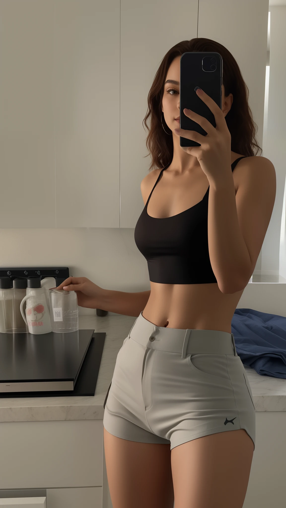 Araffe mulher em um top preto e shorts cinza tirando uma selfie, foto fit, 2 Modelo feminina de 4 anos, cintura fina, perto de um magro, tinyest midriff ever, usando um top cropped sexy, cintura magra e quadris grossos, foto de menina magra, recorte de meio corpo, Camisa de corte e abdominais fortes, menina em forma