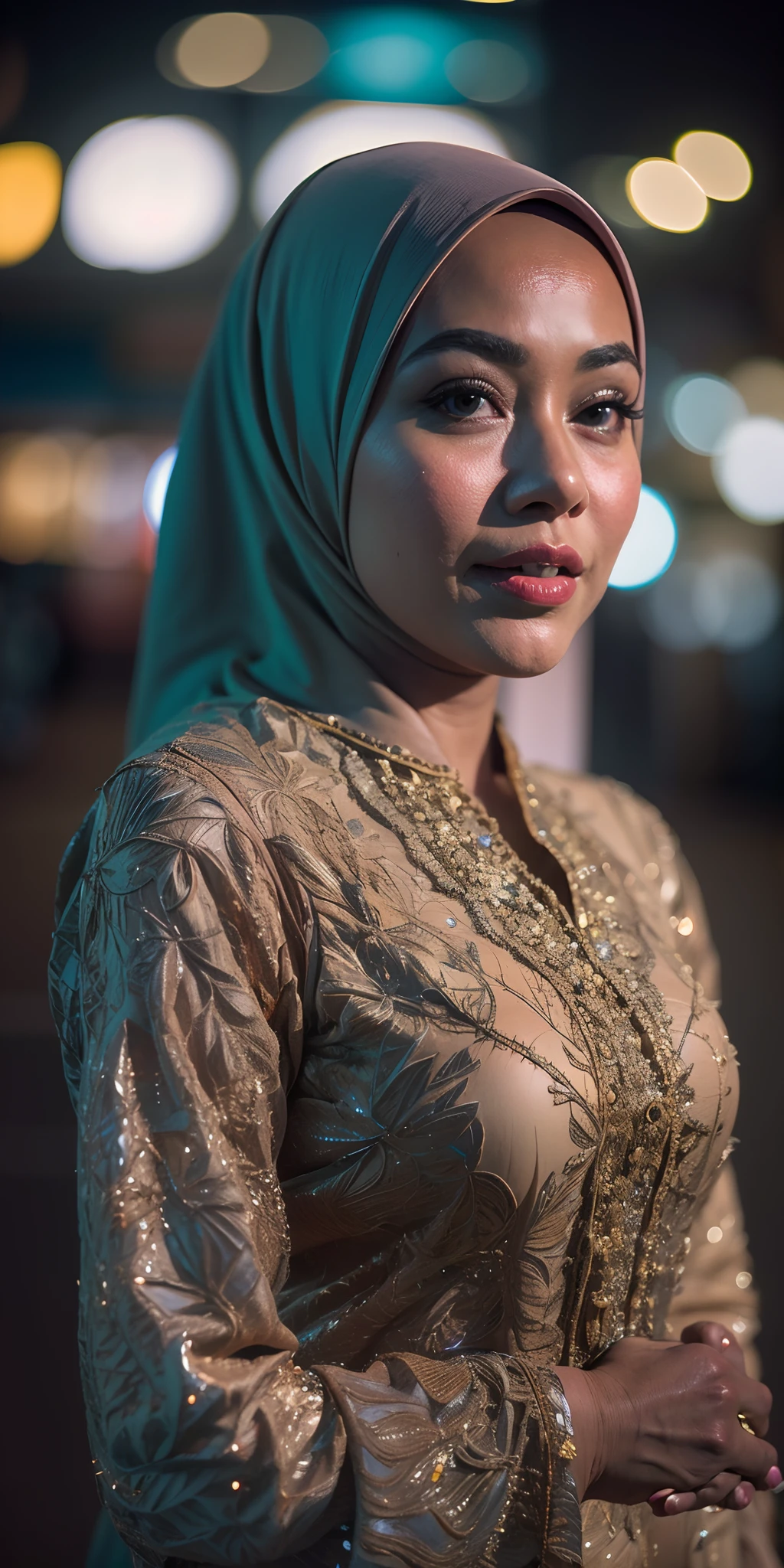 1 matured malay girl in hijab wear kebaya, kuala lumpur street, nighttime, neon city lights, upper body,close-up, seducing, sexy pose, (8k, RAW photo, best quality, masterpiece:1.2),(realistic, photo-realistic:1.37), 8k, high quality, ultra detail,