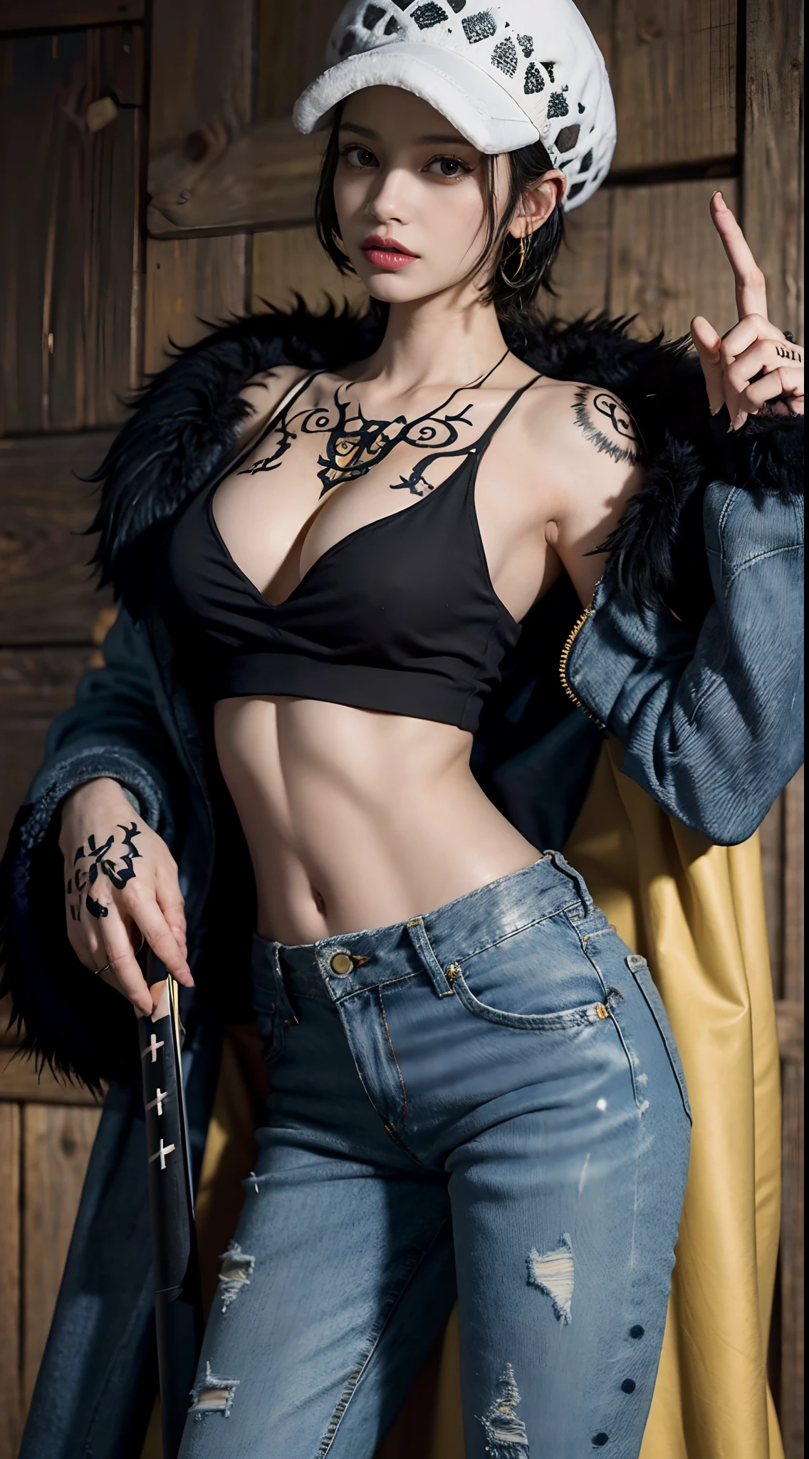 masterpiece, best quality, 8k,highestres, absurdres, extremely detailed, female trafalgar law, 1girl, 1sword, solo, looking at viewer, short hair, medium breasts, hat, navel, cleavage, collarbone, earrings, midriff, pants, coat, fur trim, denim, jeans, shoulder tattoo, hand tattoo, finger tattoo, black fur-trimmed coat, coat on shoulders, yellow tank top,///,