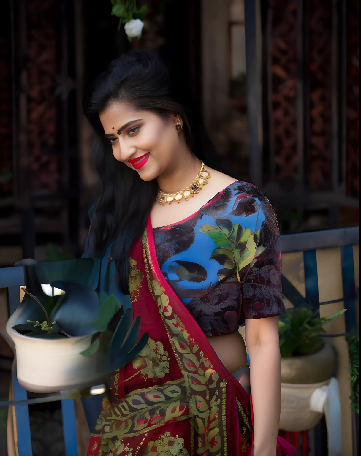 day scene, extreme close up photo of ArtStatio vedhika from top view, big cheeks, red Hollywood lips, black sari, huge breasts, squatting near shrub in a garden, hourglass figure, armpits, (blue eyes:1), ponytail, necklace, 30 yo, look at viewer and smile, (cinematic:1.3), intricate details, (ArtStation:1.2)