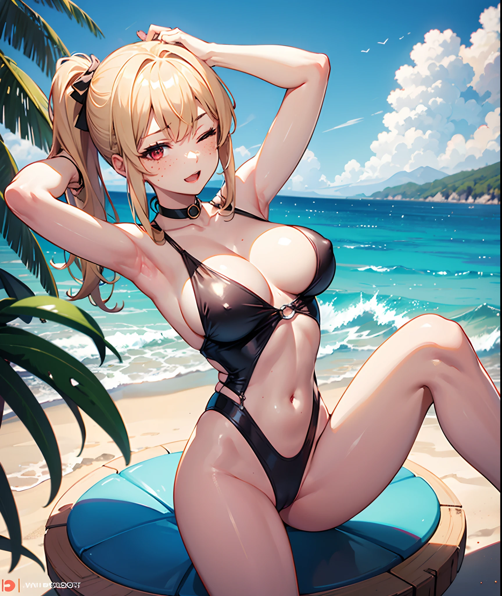 1 anime girl, solo, anatomically correct, blonde one side ponytail, beautiful red eyes, freckles, choker, large breasts, small waist, wide hips, [nice ass], wearing a sexy slingshot swimsuit, slingshot, sexy posing, arms above her head, arms raised behind her head, showcasing her boobs, nice thighs, portrait, full body focus, ultra detailed body, ultra detailed face, naughty expression, sexy expression, confident, erotic expression, lustful expression, looking at the viewer, [winking, one eye winking, one eye closed], 8k, best quality, beach background