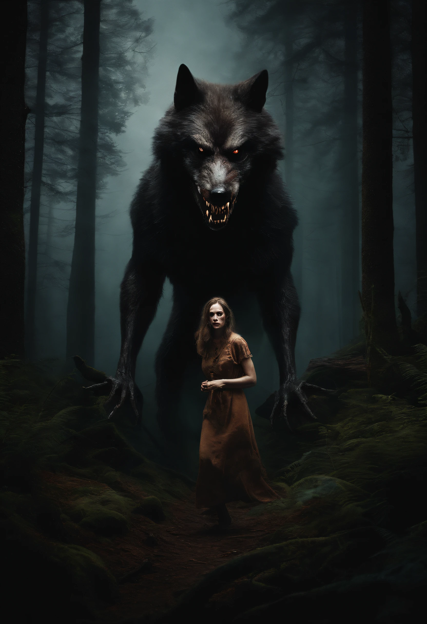 "Terrifying horror art of a full-bodied terrifying werewolf with sharp teeth, Set in a dark ambient forest cabin. The artwork showcases the eerie atmosphere of Poland's cryptid folklore.", with a woman with a vintage camera in her hand who is terrified who is facing the camera lens