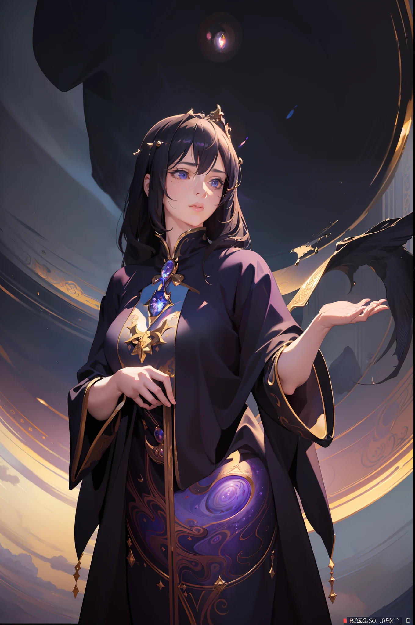 (Masterpiece, fine detailed beautiful eyes: 1.2), Ultra-detailed, illustration,
A mysterious and mysterious wizard girl,Wearing a dark purple robe, Standing in a world of her own creation, Surrounded by a swirling cloud of arcane magic.
,Detailed background, (Realistic:2), volumettic light, rays of sunshine, Light rays, sky, Cloud,