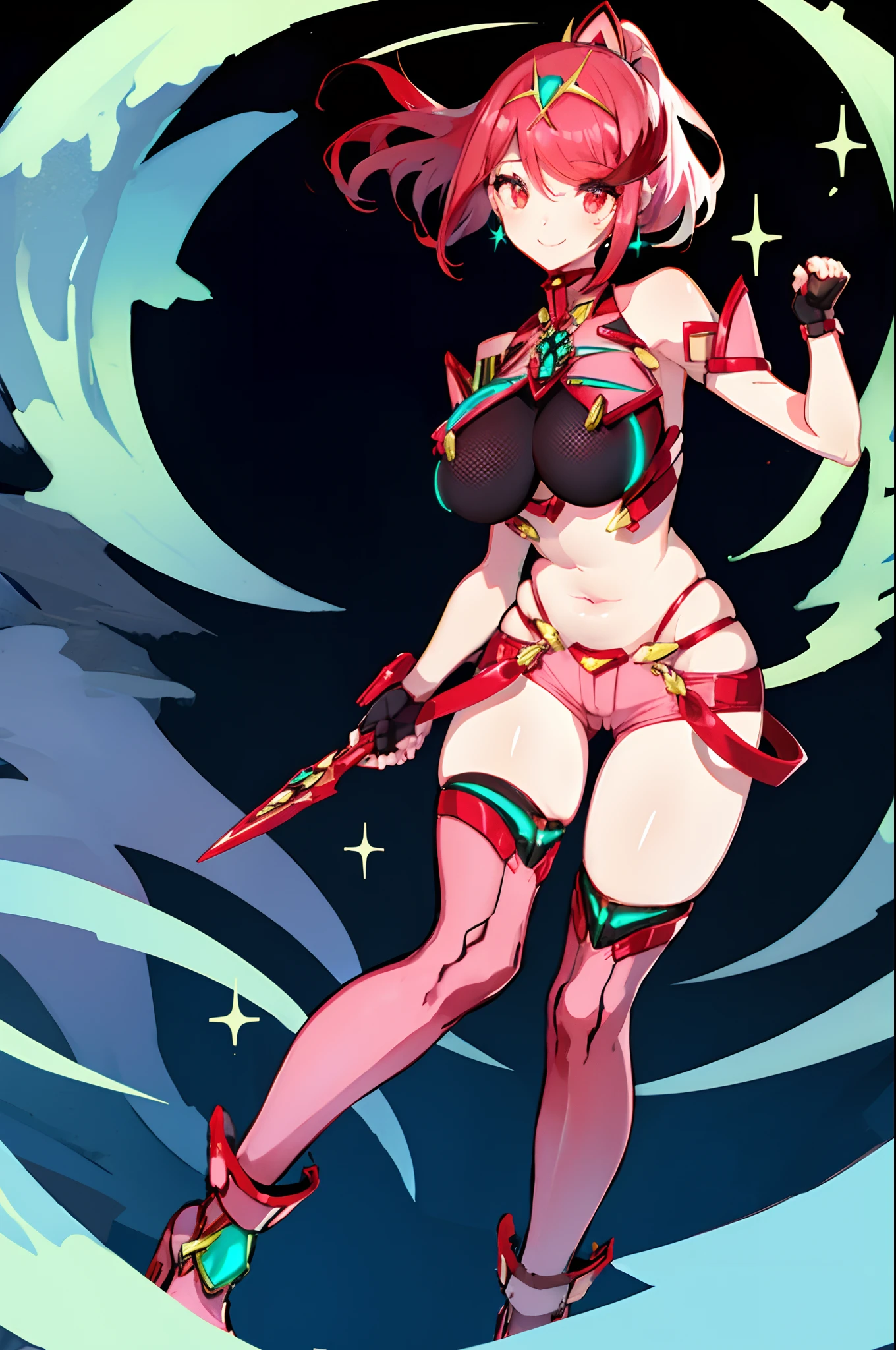 pyra \(xenoblade\), teen_1girl, loli, bangs, black gloves, breasts, red eyes, shout, earrings, eyelashes, fingerless gloves, floating hair, , gem, gloves, hair ornament, headpiece, jewelry, gigantic_breasts, leaning back, swimsuit, neon trim, official art, pose, red hair, saitou masatsugu, short hair, sidelocks, skin tight, solo, swept bangs, thighhighs, tiara, fantasy_town_background, underbust, xenoblade chronicles \(series\), (xenoblade chronicles 2), (spread_legs:1.1), fire_effect,dynamic_pose,fighting,light_smile, (plump:1.1), big_ass,huge_sword, hold_large_sword_hilt, covered_nipples, covered_pussy, fists,ponytail,beautiful_fingers,(solo:1.1), bare_shoulder,(shoulder_naked:1.2), nipple_jewel,back, back_view, focus_ass,ass, (very_short_shorts:1.3),(lise_leg:1.4)