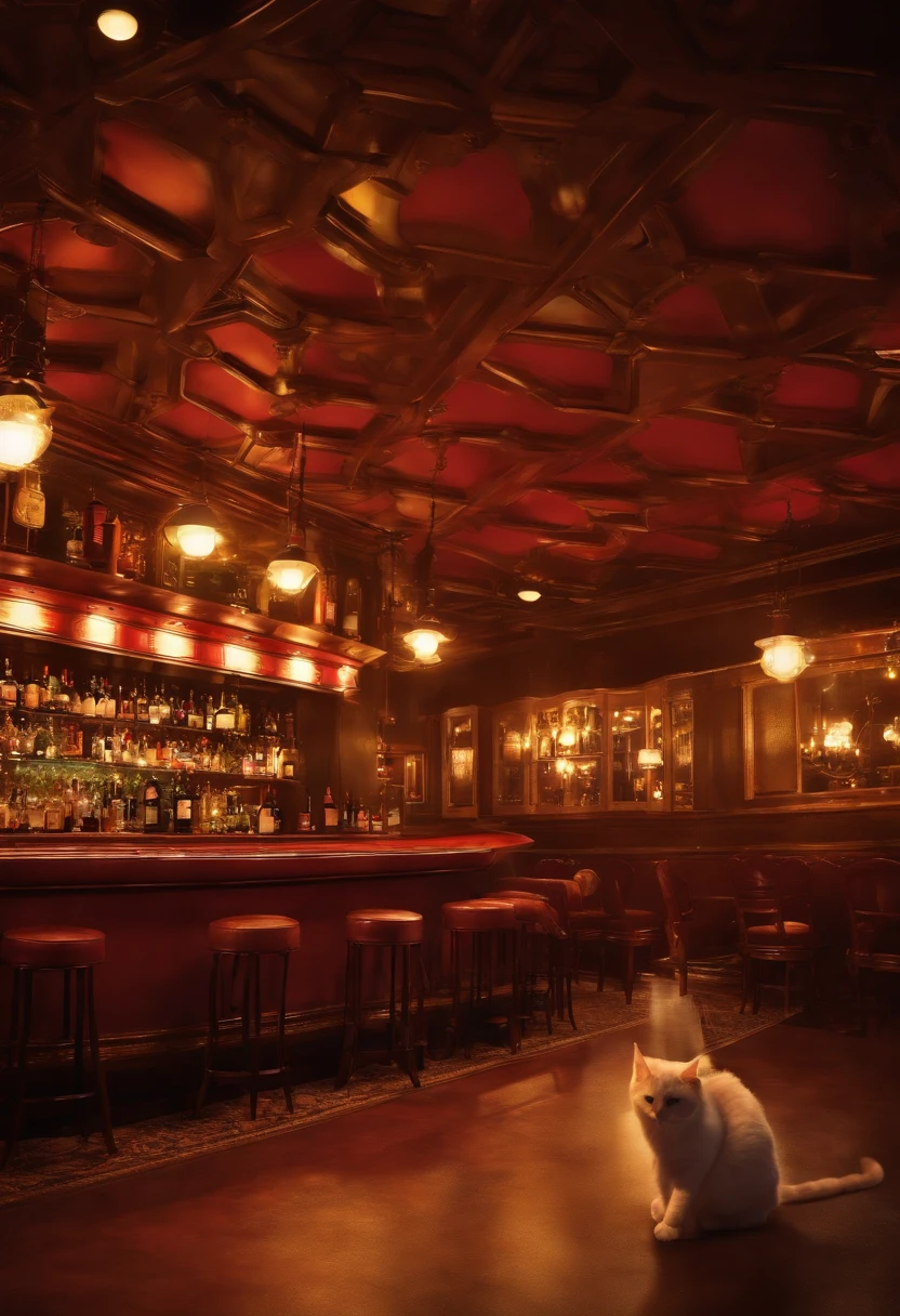 ((Scene looking at the ceiling from the floor, Cat's perspective, Looking up from a low position, Looking up from a low position,))Retro Bar Counter , Whiskey bottles lined up at the counter, beautiful ilumination, Bar Counter Chair, Low angle seen from the floor, There are no people, Anime-style style, Looking up from a low position, bar passando por reforma