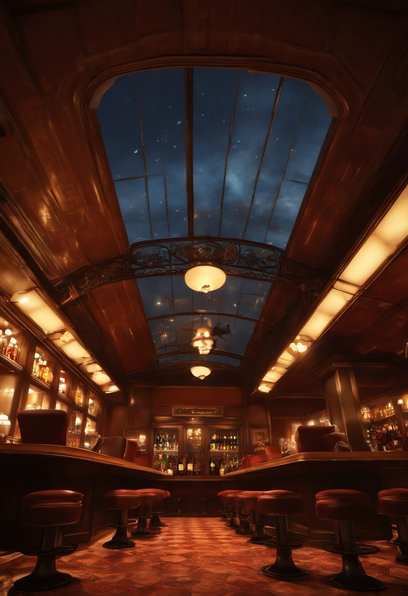 ((Scene looking at the ceiling from the floor, Cat's perspective, Looking up from a low position, Looking up from a low position,))Retro Bar Counter , Whiskey bottles lined up at the counter, beautiful ilumination, Bar Counter Chair, Low angle seen from the floor, There are no people, Anime-style style, Looking up from a low position, bar passando por reforma
