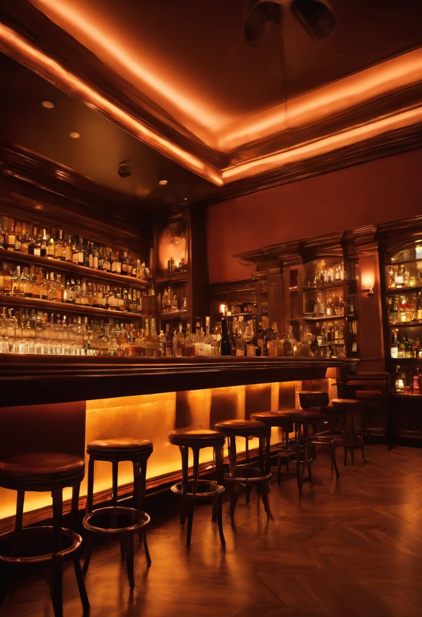 ((Scene looking at the ceiling from the floor, Cat's perspective, Looking up from a low position, Looking up from a low position,))Retro Bar Counter , Whiskey bottles lined up at the counter, beautiful ilumination, Bar Counter Chair, Low angle seen from the floor, There are no people, Anime-style style, Looking up from a low position, bar passando por reforma