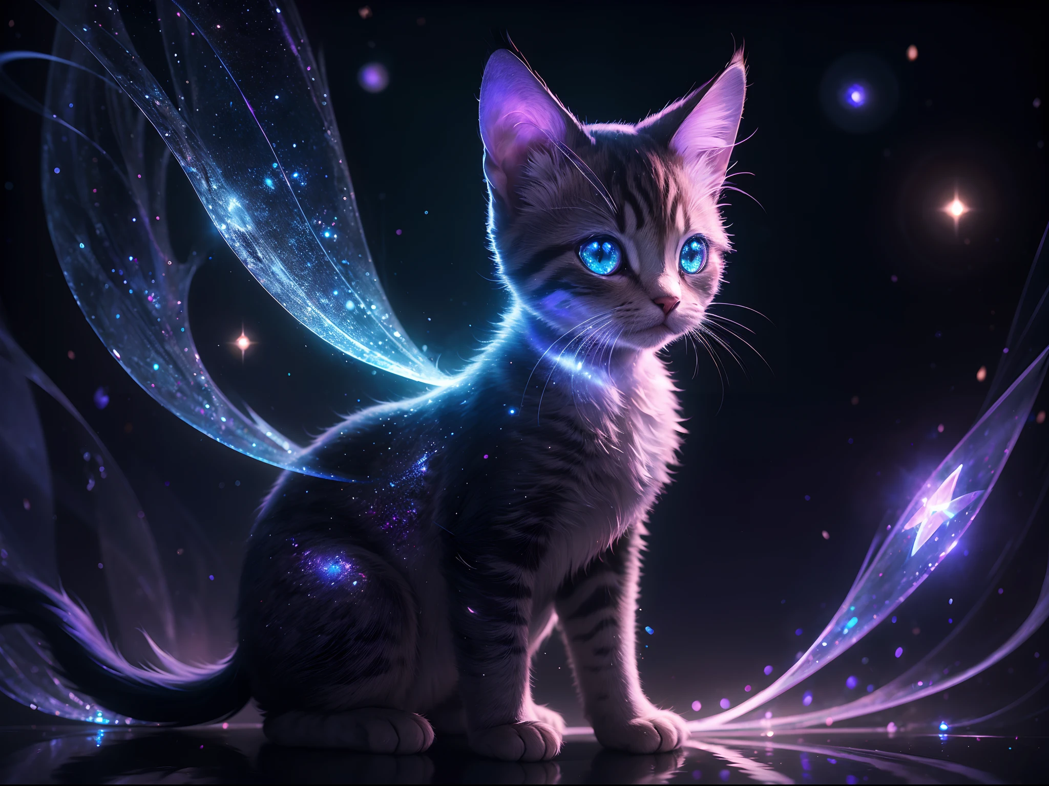 (Absurdres:1.2), exquisitely detailed kitten, night aura, ethereal, Occult, surreal art, Shimmer, approaching perfection, ultra high quality, bokeh, reflective materials, shadows, volumetric lighting, 8k resolution, illustration