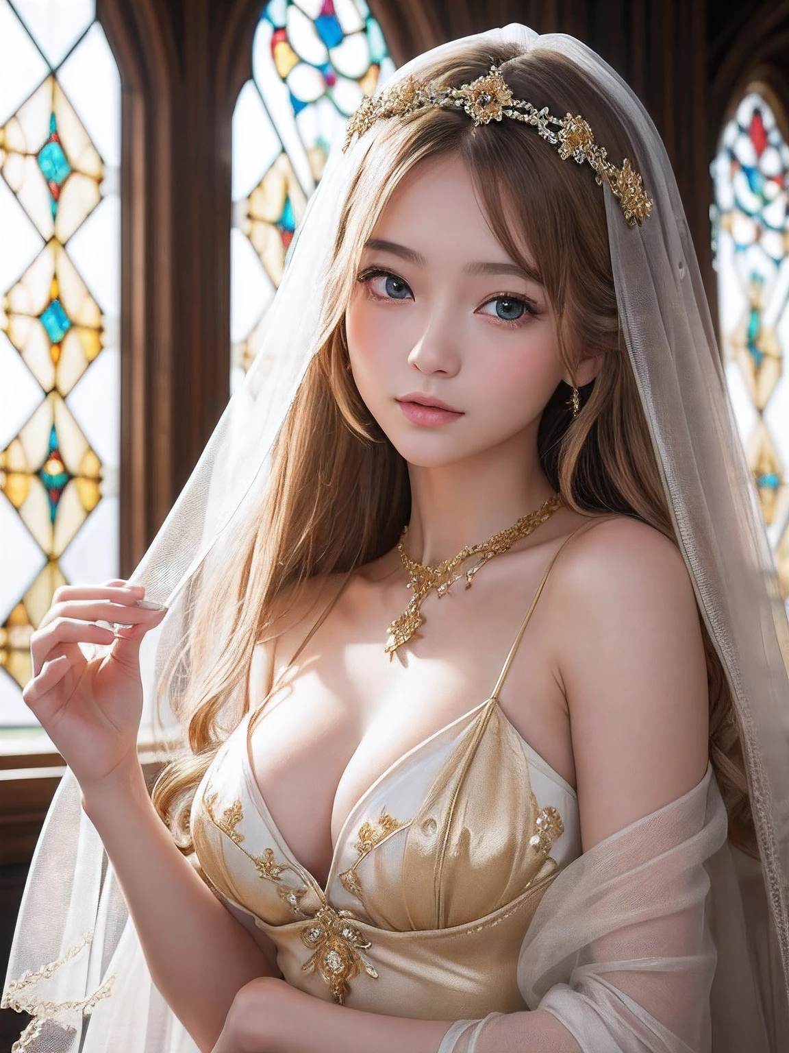 masutepiece、masutepiece、ultra-definition、accurate depiction、extremely high detail、8K picture quality、one girls、(18 year old pretty woman、18year old)、small head、Cute face、a blond、half up、Blue eyes、perfect glossy skin、((tre anatomically correct))、Perfect body:1.1、high-level image quality、masterpiece、Look at viewers、(White princess dress、Golden flower embroidery)、A transparent veil was lightly draped over her head、A simple golden pendant around her neck、sexypose、Overflowing breasts、the royal palace、Large stained glass windows、Enveloping her presence with delicate particles、Soft light、divine atmosphere、Let their shine、Photoreal Stick