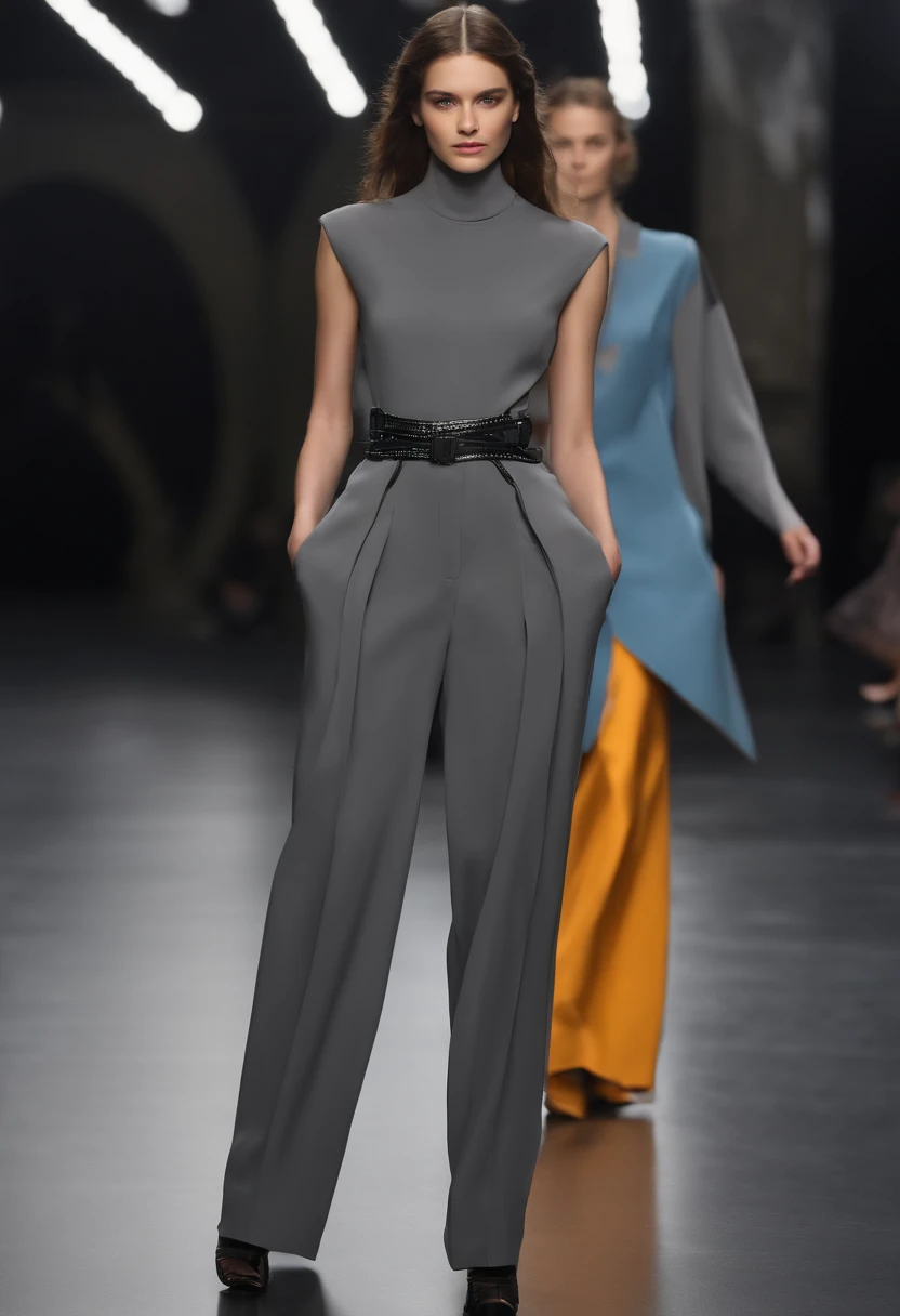 Masterpiece, Best quality, Runway girls,Structure split women's clothing, effect,k hd, gray clothes，baggypants，