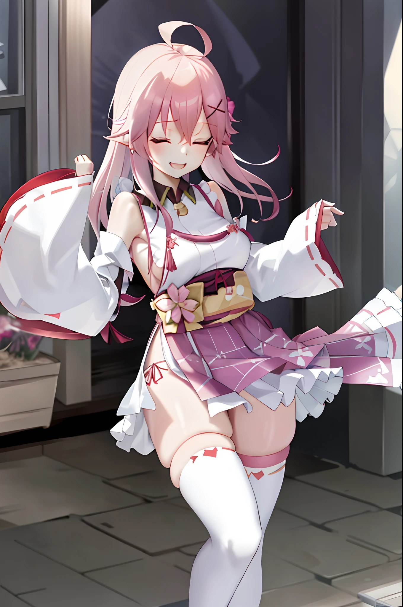 masterpiece, best quality, highres, miko1, sakura_miko, 1girl, big_boobs, solo, ahoge, x_hair_ornament, pink_hair, floral print, hairclip,(side_less_clothes:1.5), (side_boobs:1.5), hair_bell, floral print, long_hair, hair between eyes, one side up, white thighhighs, asymmetrical legwear, wide sleeves, open_mouth,(happy:1.3),close_eyes,big_smile,(raise_leg:1.3),plump,apart_legs,(overly_long_sleeves:1.3),),sleeves_past_wrists,hands_hidden_sleeves,sidelock_clothes,dynamic_posing,solo,hidden_wrists,(XD:1.5),covered_nipples,nsfw,plump,sunlight,(bare_flank:1.3)
