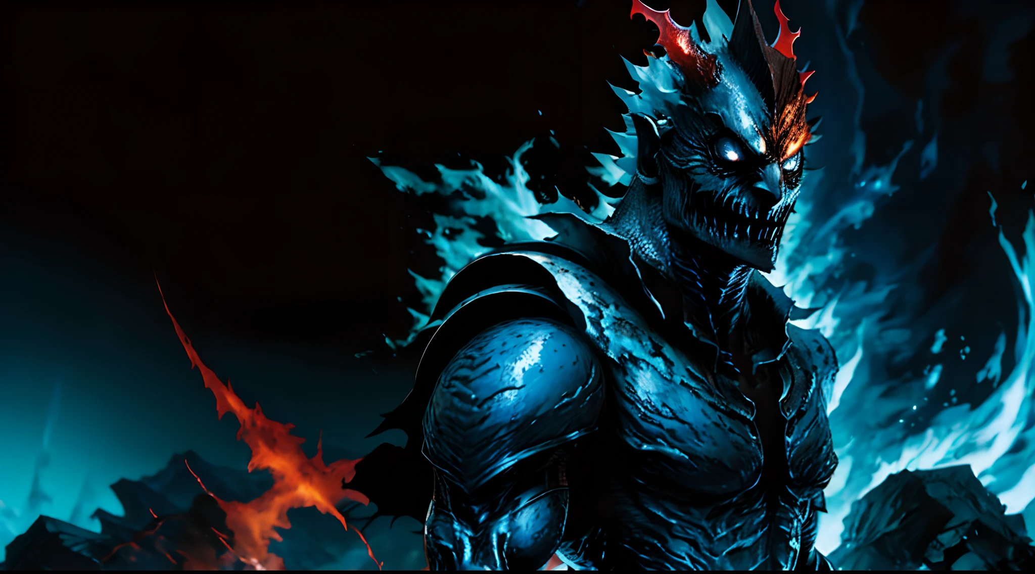 ((Mortal Kombat "D'vorah", his hand darkened, locked in deep thought, vibrant blue eyes reflecting lightning and thunder in the background))